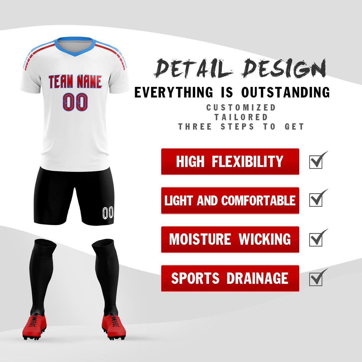 Custom White Raglan Shoulder Striped Soccer Tops/Sets Jersey