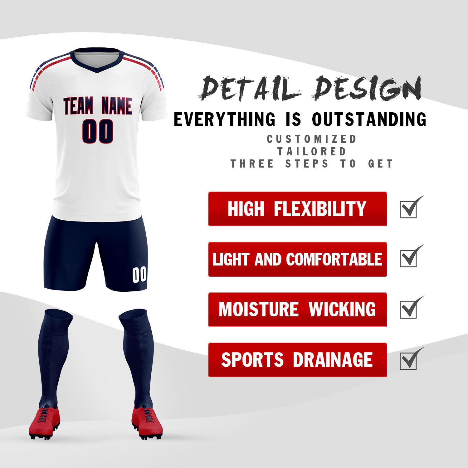 Custom white Striped Quick Dry Tops Soccer Sets Jersey