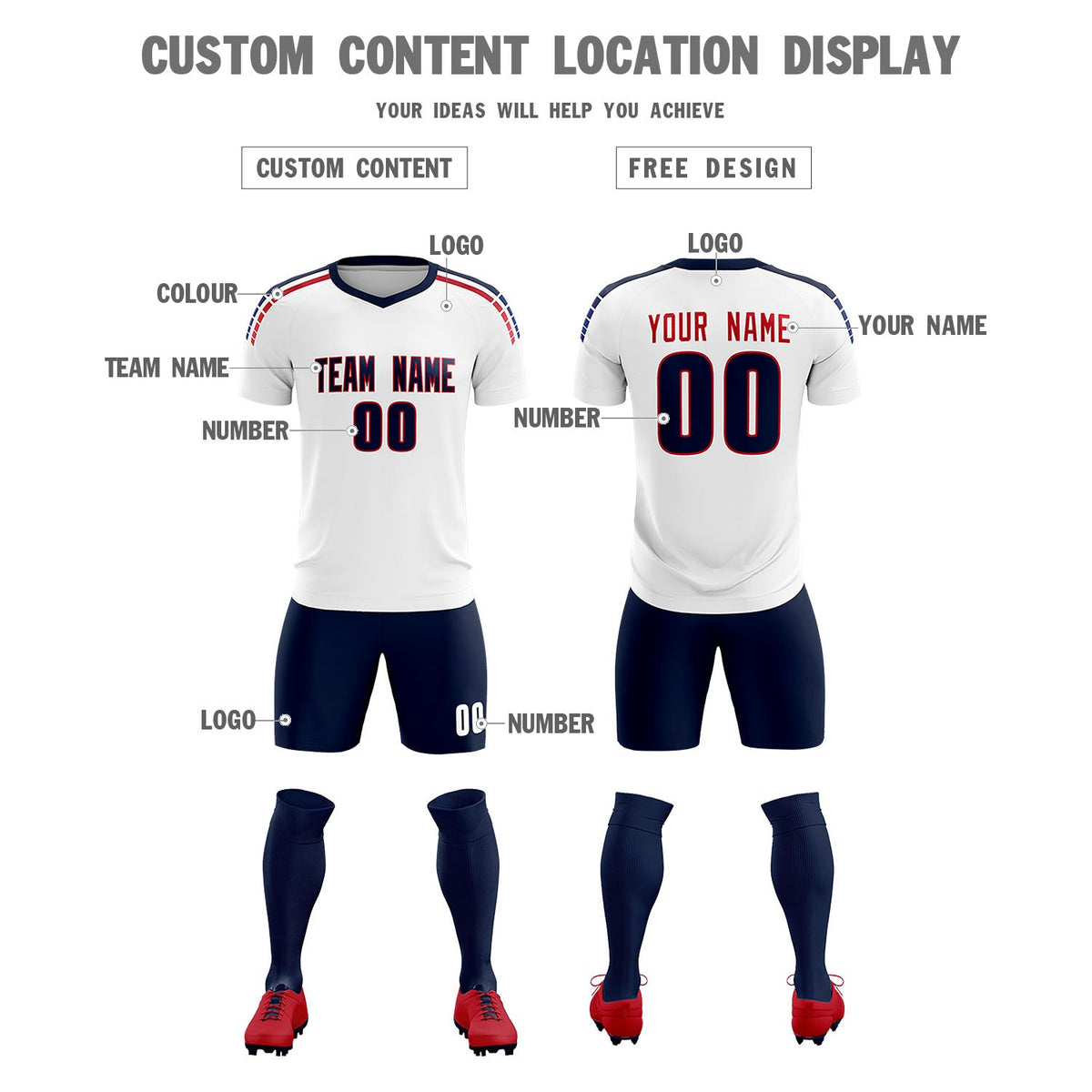 Custom white Striped Quick Dry Tops Soccer Sets Jersey