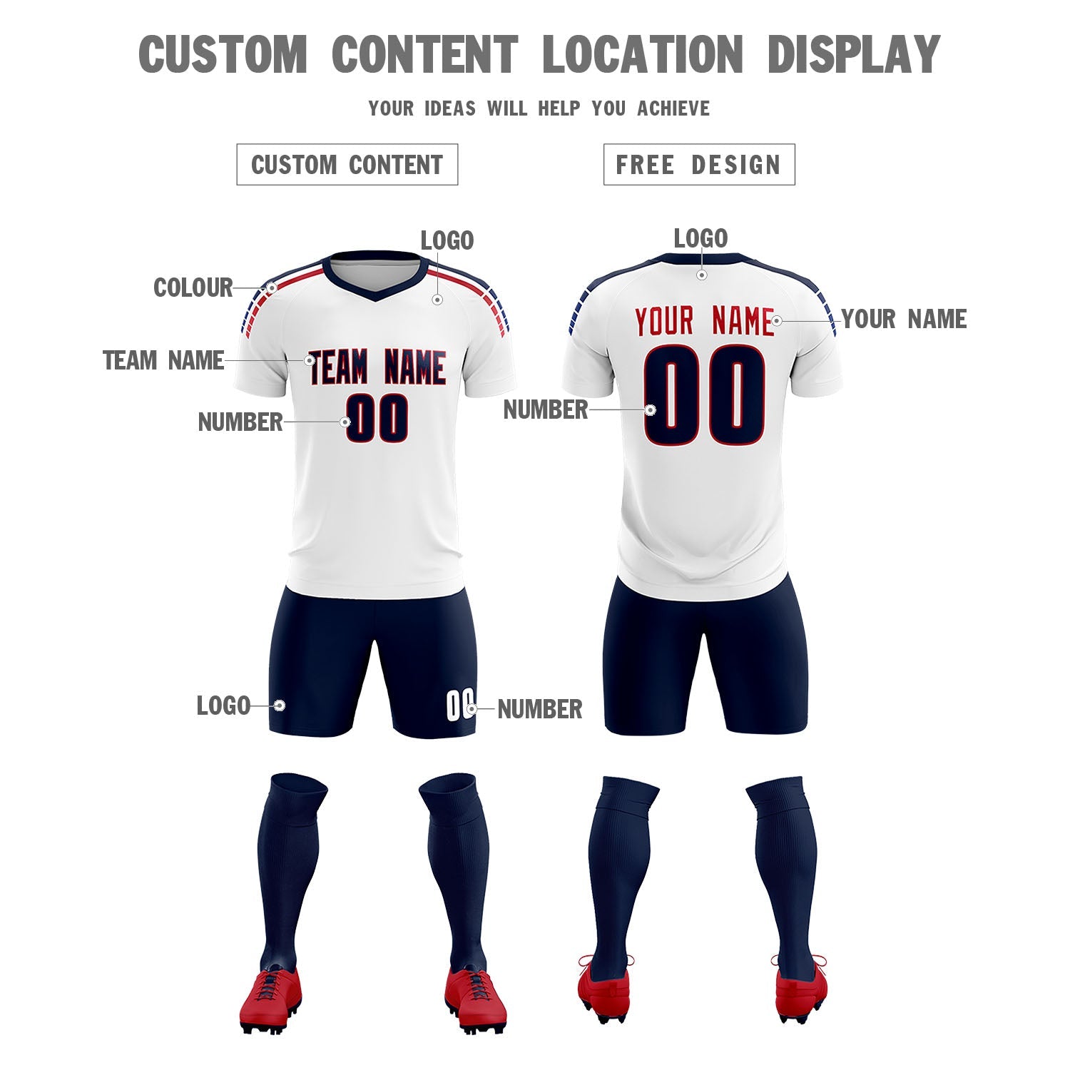 Custom white Striped Quick Dry Tops Soccer Sets Jersey