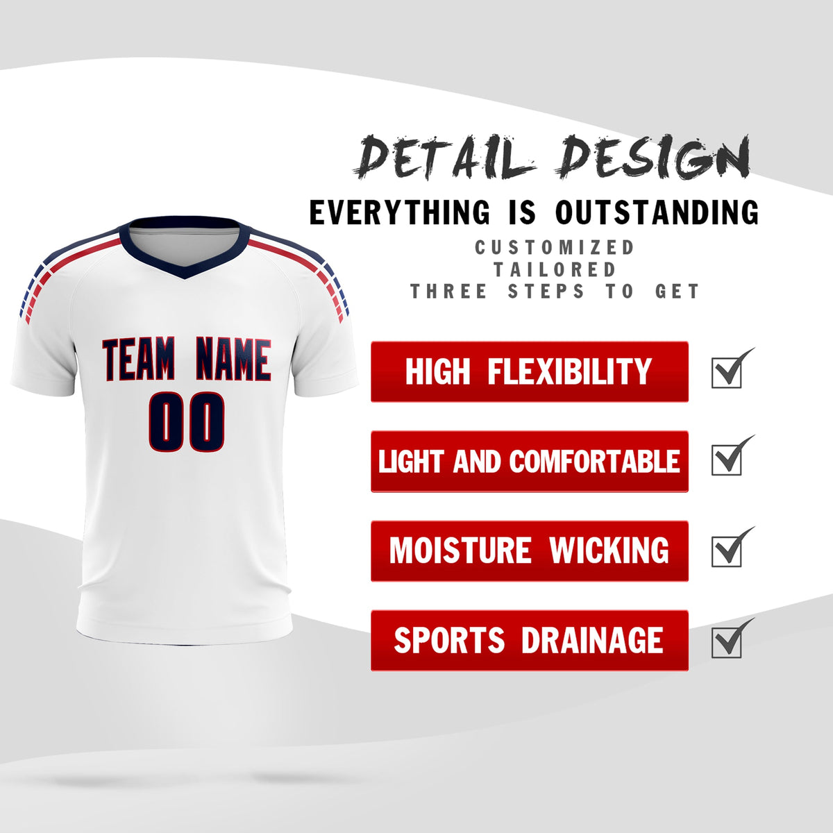 Custom white Striped Quick Dry Tops Soccer Sets Jersey