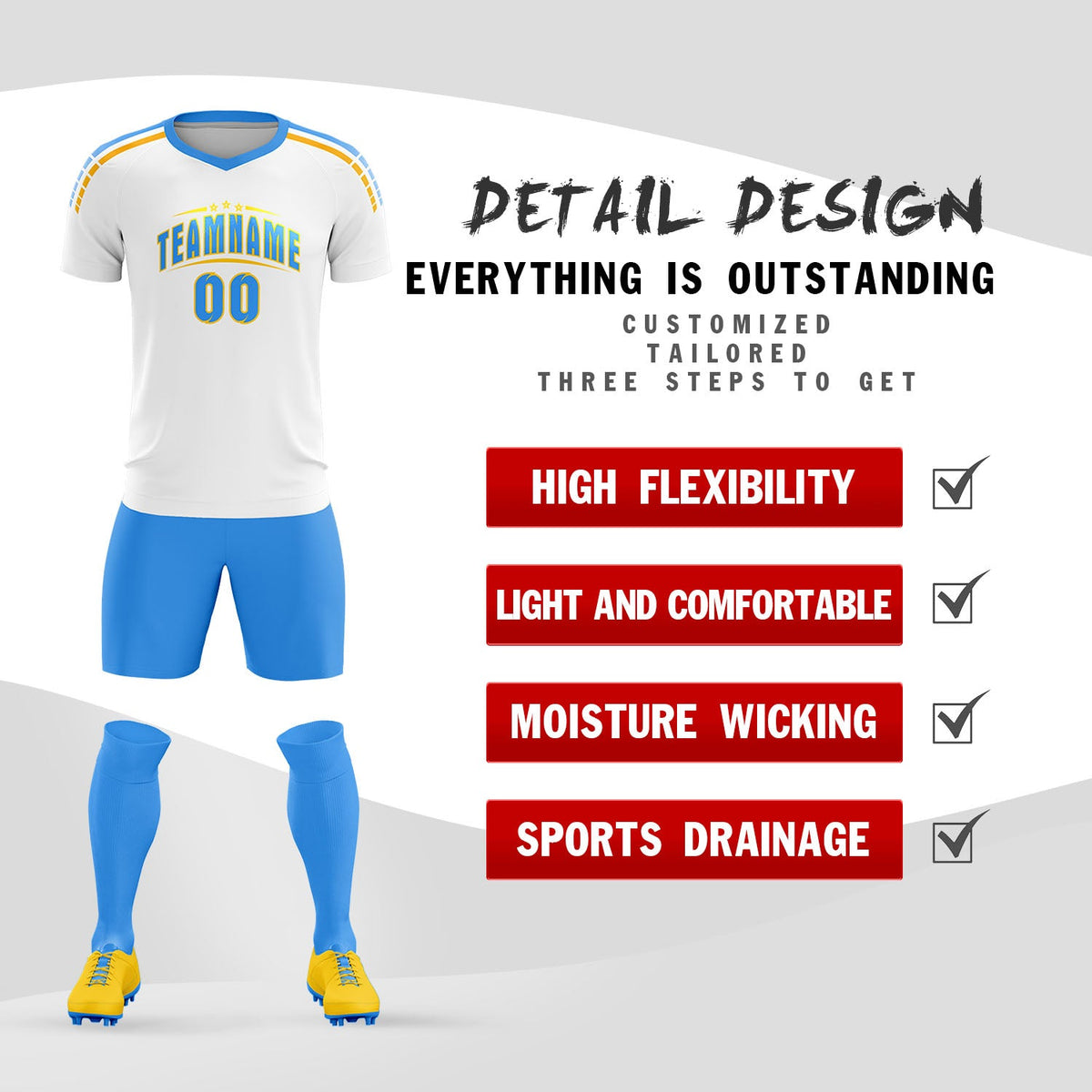 Custom White Raglan Shoulder Striped Soccer Tops/Sets Jersey