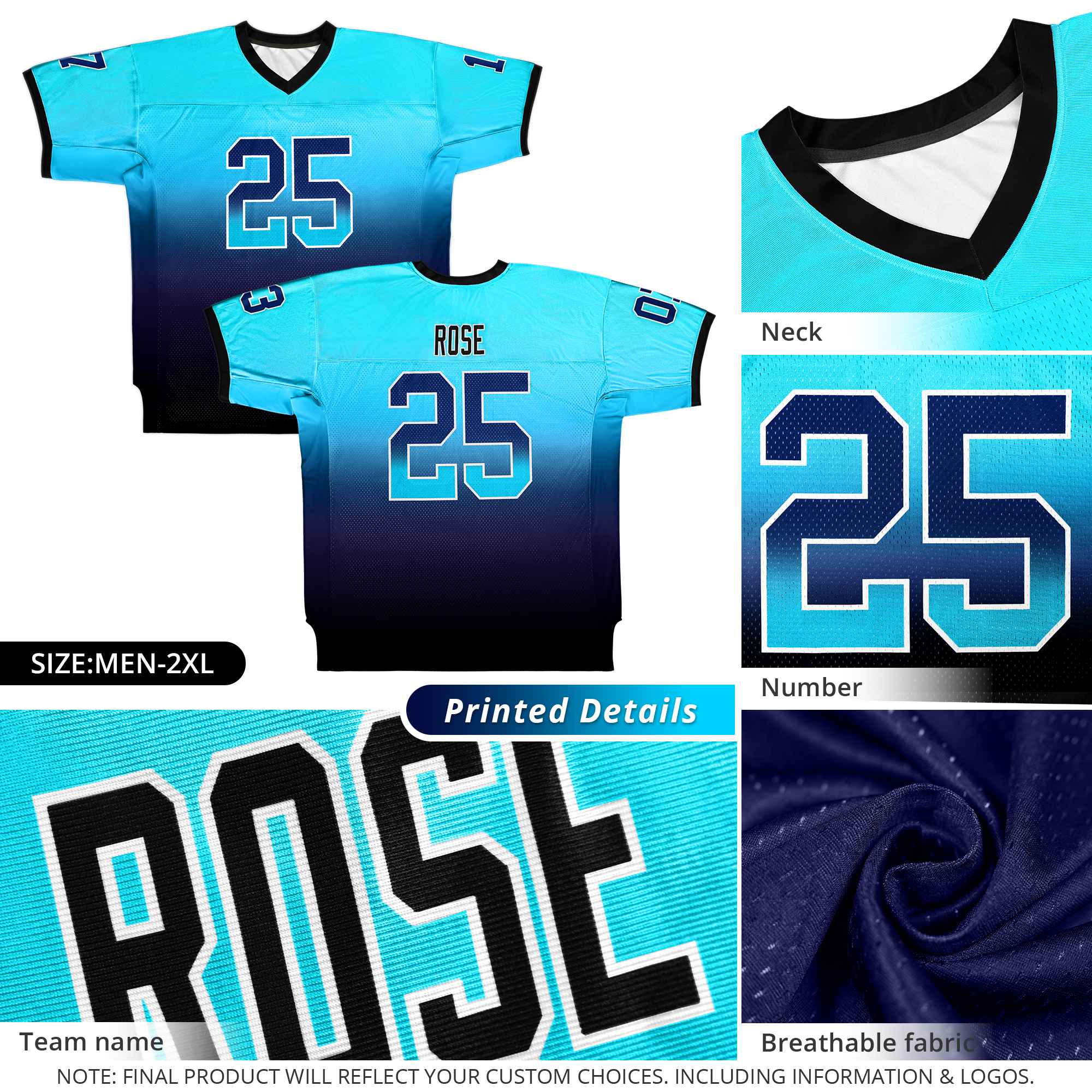 Custom Powder Blue Navy Black-White Gradient Fashion Outdoor Authentic Football Jersey