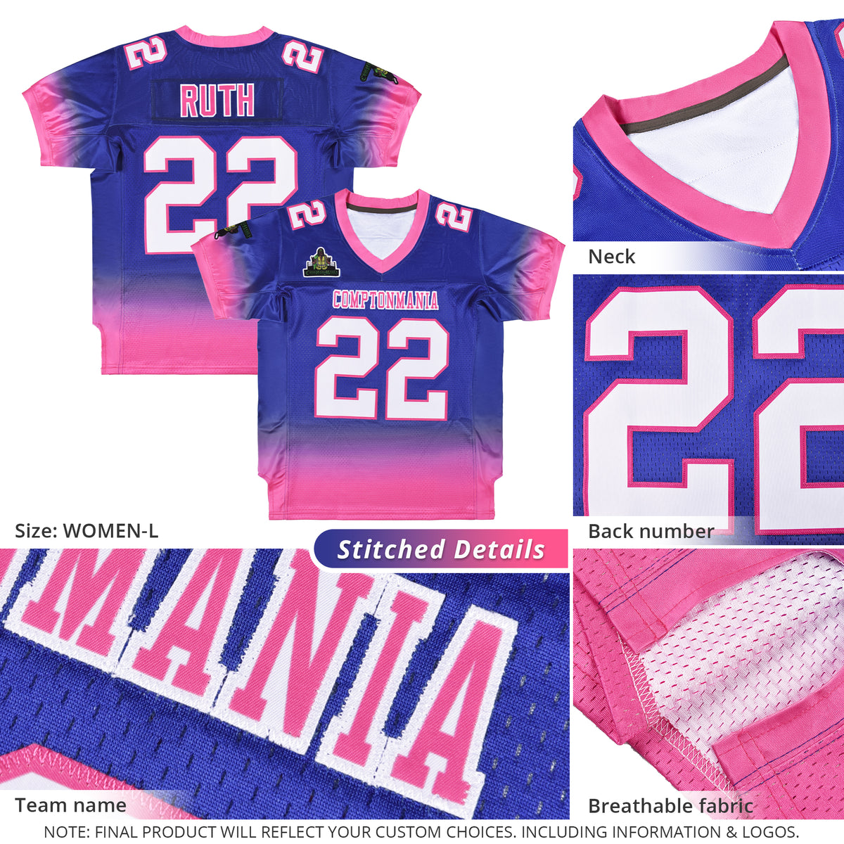 Custom Royal Pink-White Gradient Fashion Personalized Team Football Jersey