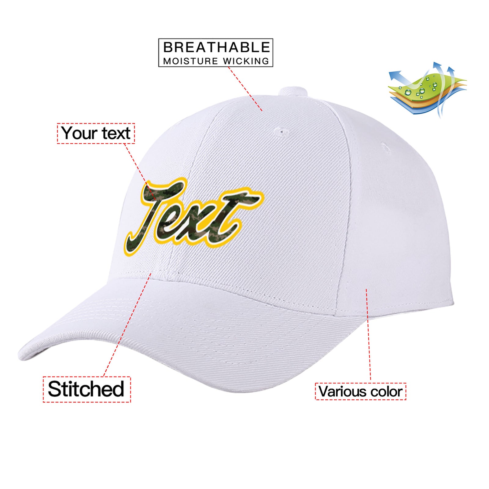 Custom White 3D Puff Embroidery Flat Embroidery Casual Sport Baseball Cap