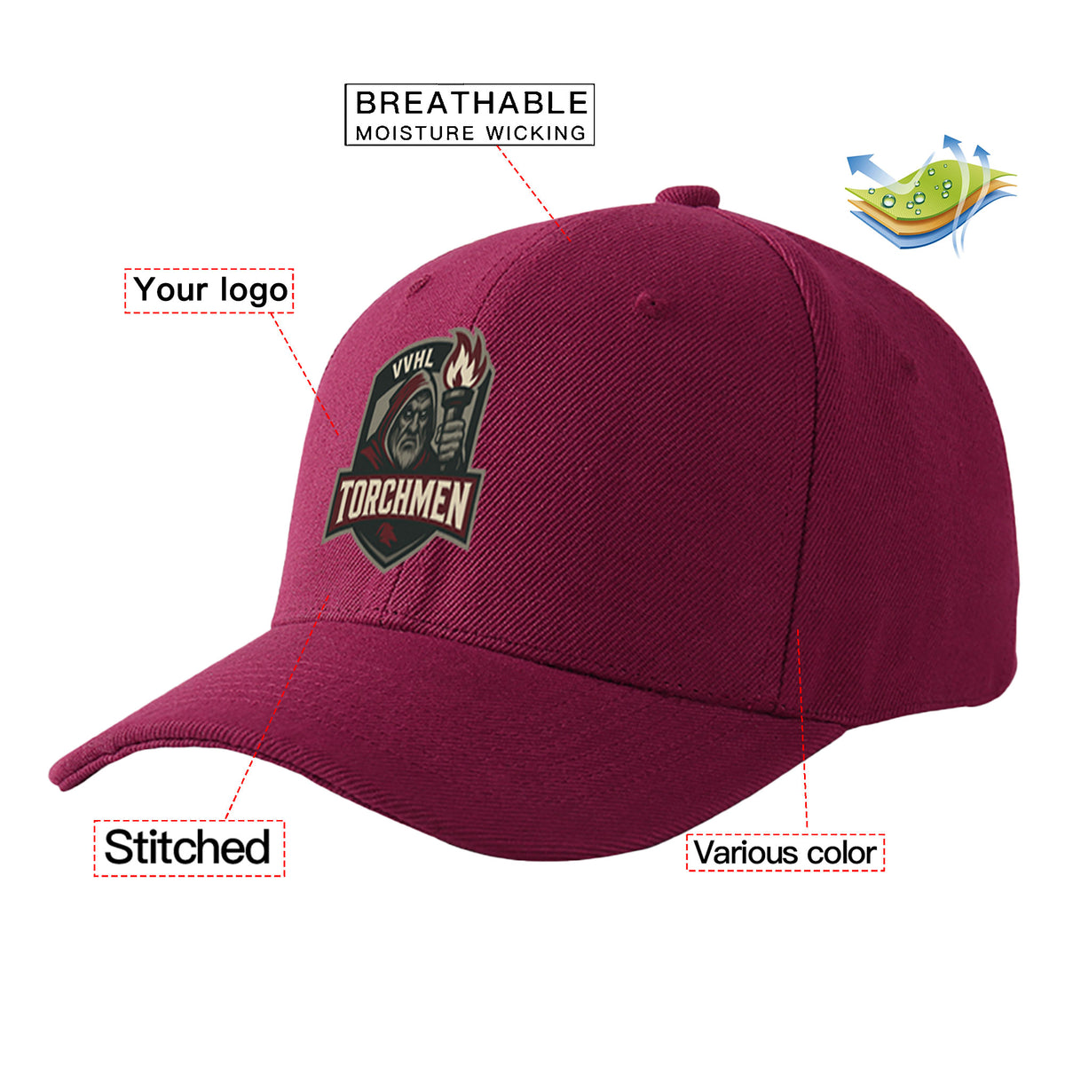 VVHL Burgundy S9-Torchmen 3D Puff Embroidery Flat Embroidery Baseball Cap