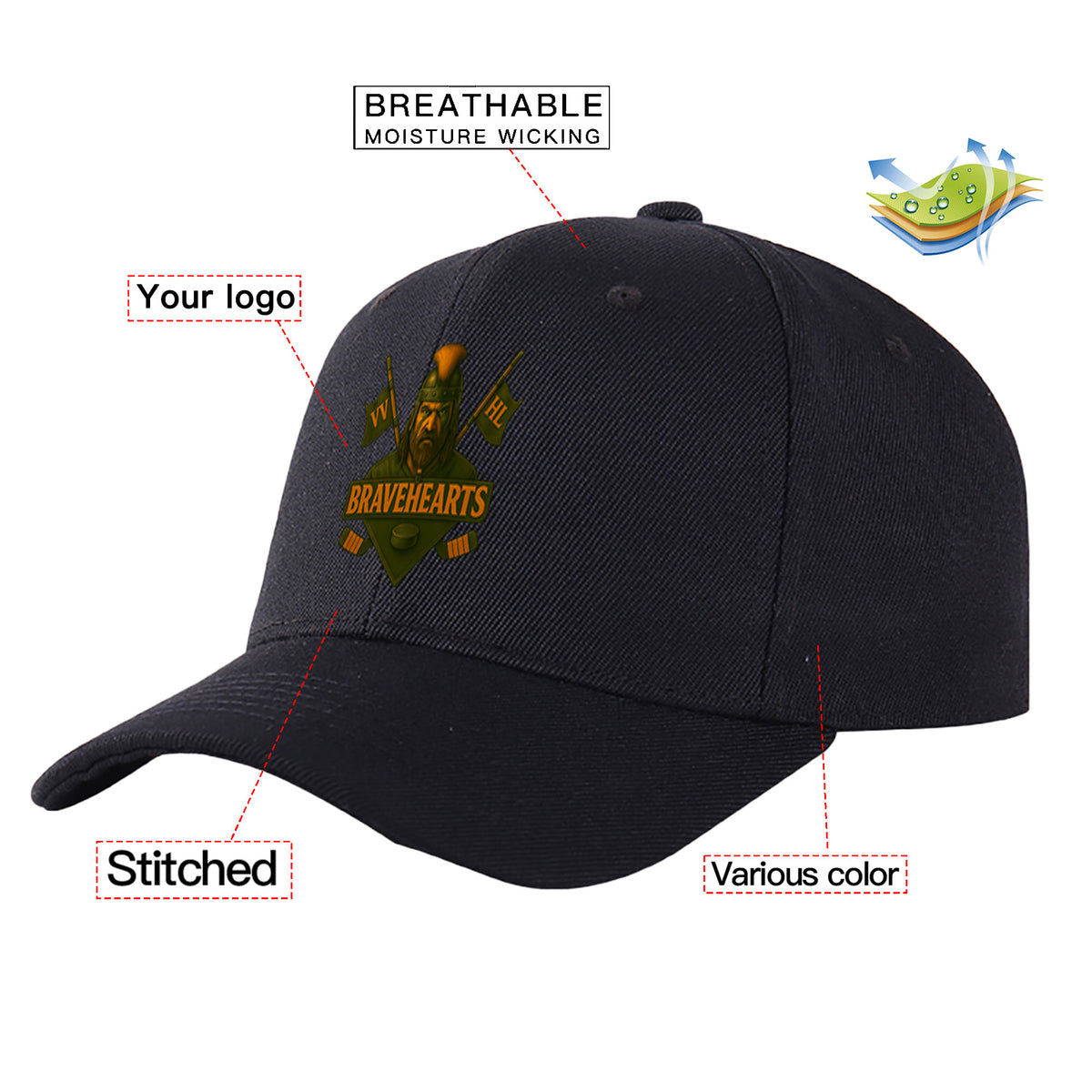 VVHL Black S9-Bravehearts 3D Puff Embroidery Flat Embroidery Baseball Cap