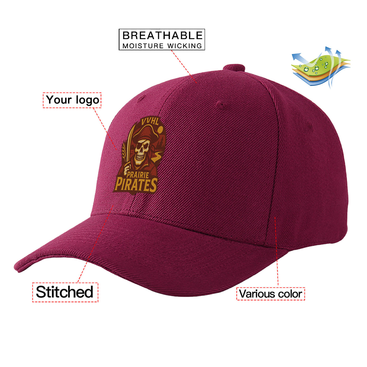 VVHL Burgundy S9-Prairie-Pirates 3D Puff Embroidery Flat Embroidery Baseball Cap
