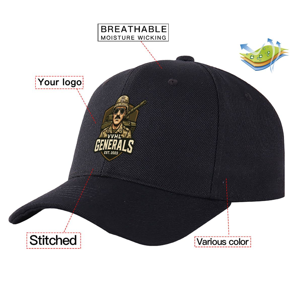 VVHL Black S9-Generals 3D Puff Embroidery Flat Embroidery Baseball Cap