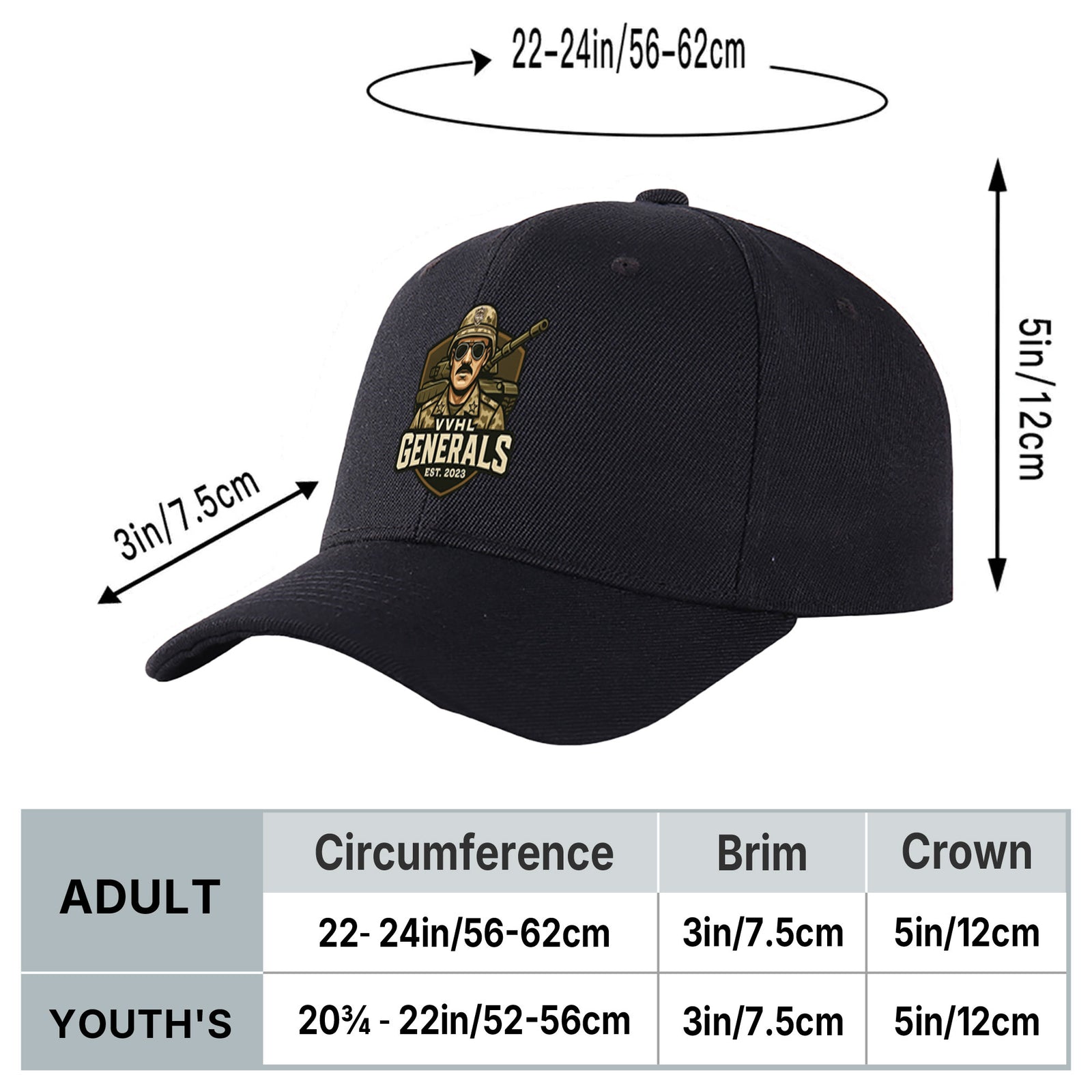 VVHL Black S9-Generals 3D Puff Embroidery Flat Embroidery Baseball Cap