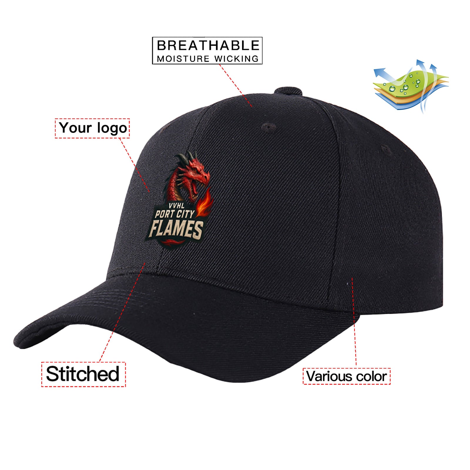 VVHL Black S9-Port-City-Flames 3D Puff Embroidery Flat Embroidery Baseball Cap