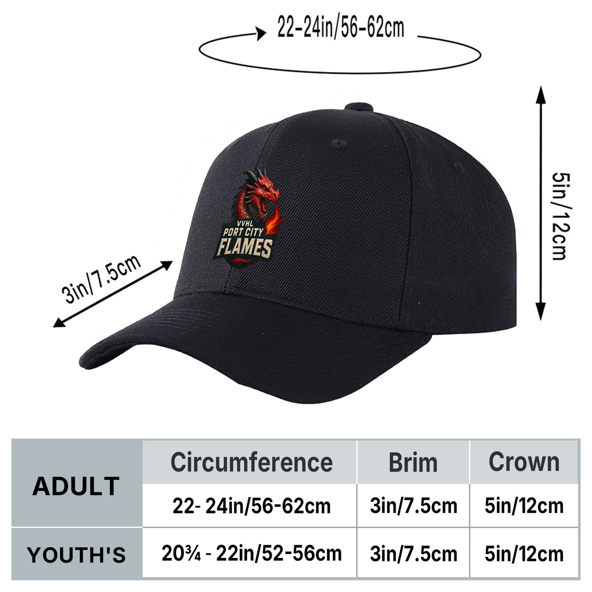 VVHL Black S9-Port-City-Flames 3D Puff Embroidery Flat Embroidery Baseball Cap