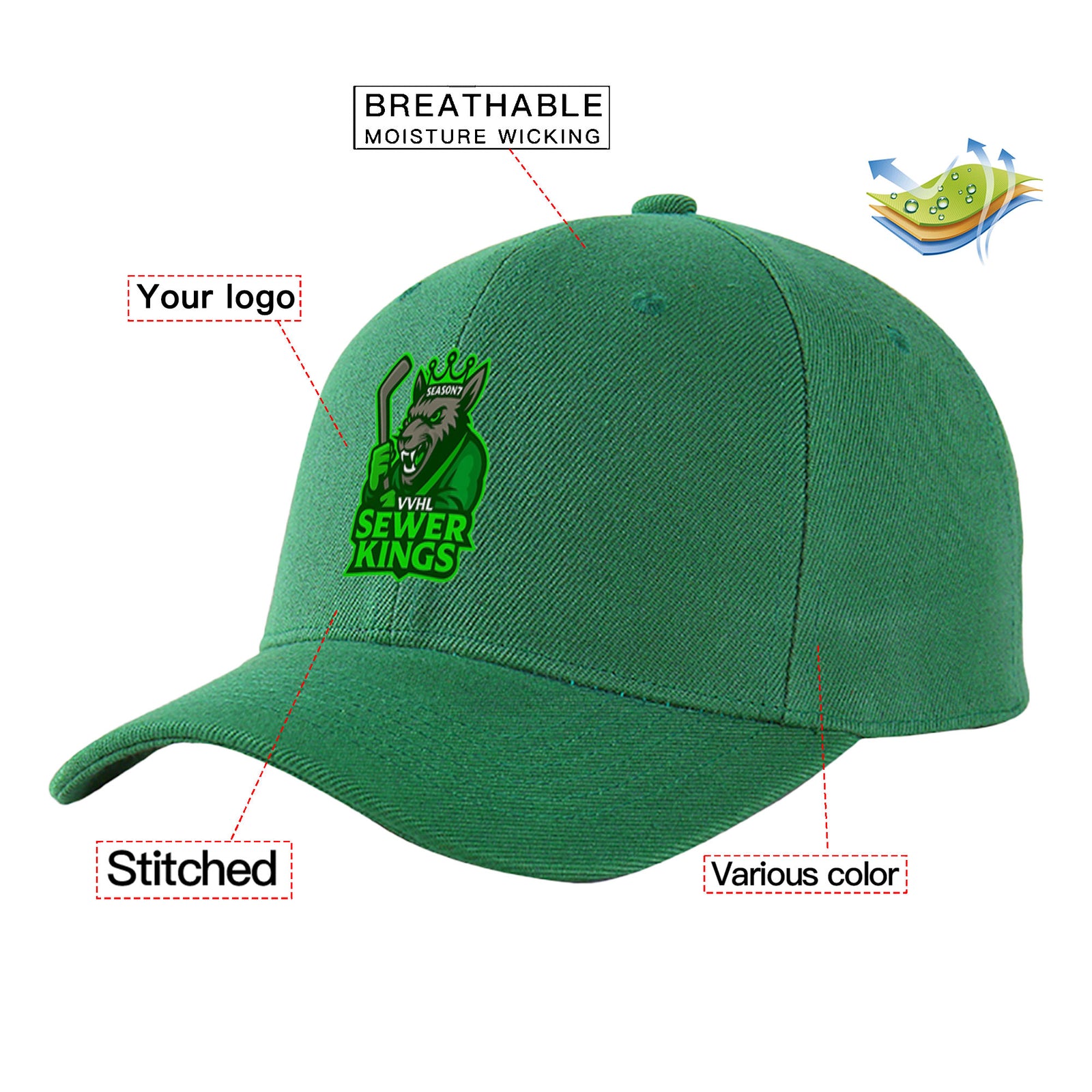 VVHL Green S9-Sewer-Kings 3D Puff Embroidery Flat Embroidery Baseball Cap