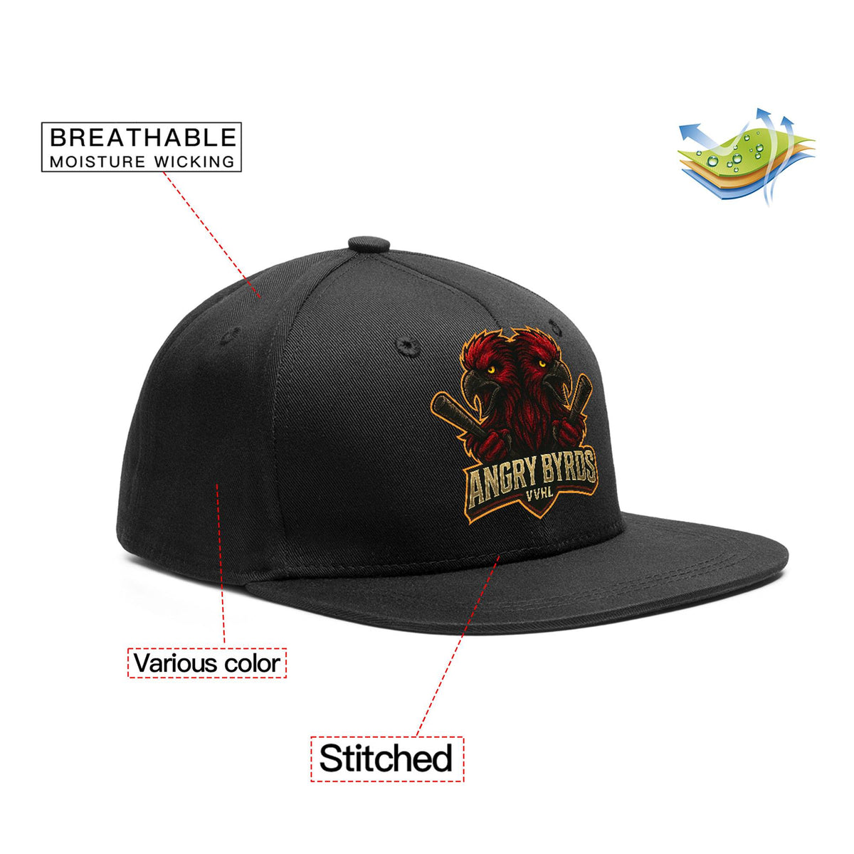 VVHL Black S7-Angry-Byrds-2 3D Puff Embroidery Flat Embroidery Baseball Cap