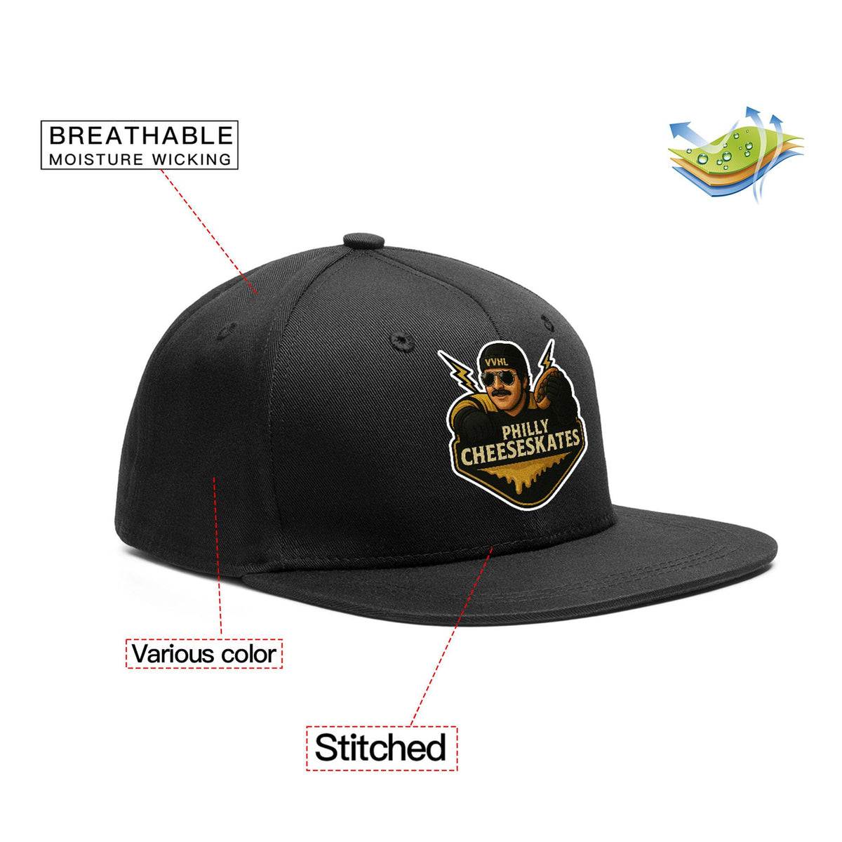 VVHL Black S7-Philly-Cheeseskates 3D Puff Embroidery Flat Embroidery Baseball Cap