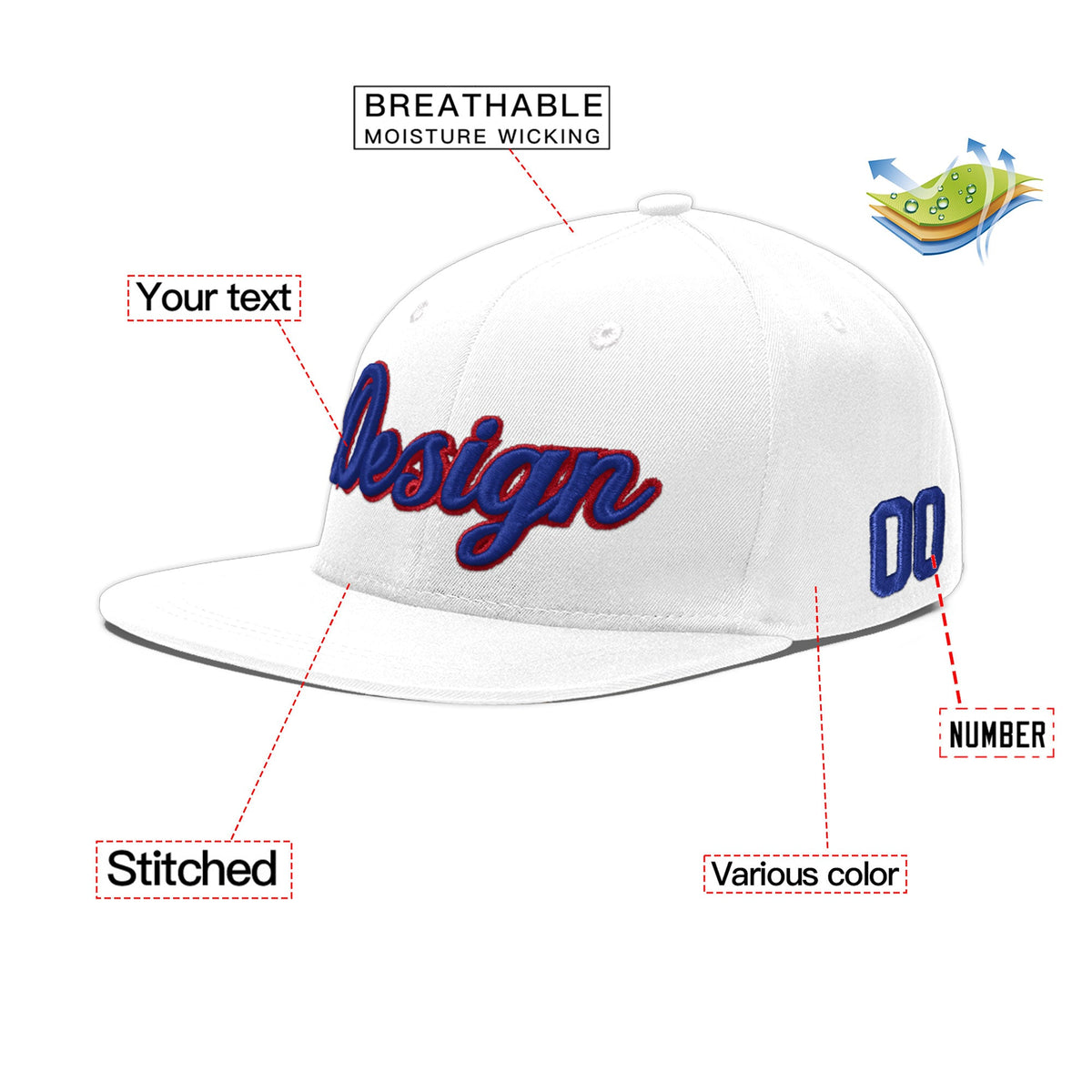 Custom White 3D Puff Embroidery Flat Embroidery Casual Sport Baseball Cap