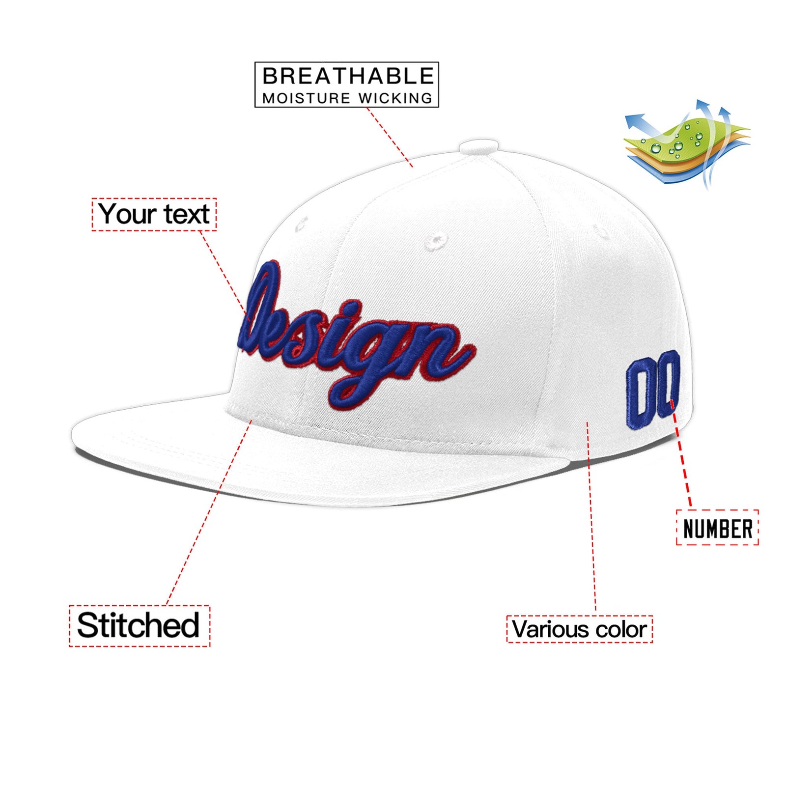 Custom White 3D Puff Embroidery Flat Embroidery Casual Sport Baseball Cap