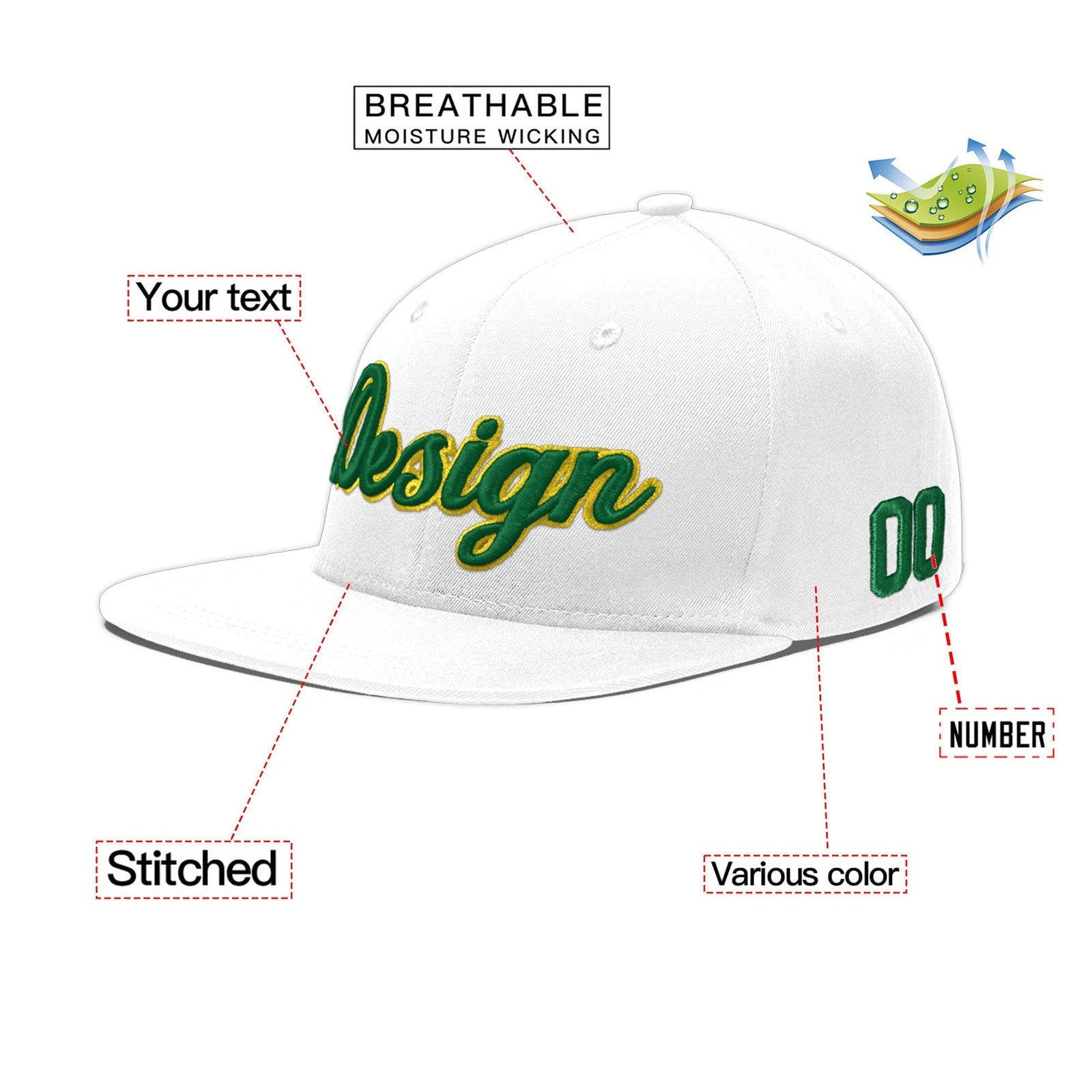 Custom White 3D Puff Embroidery Flat Embroidery Casual Sport Baseball Cap