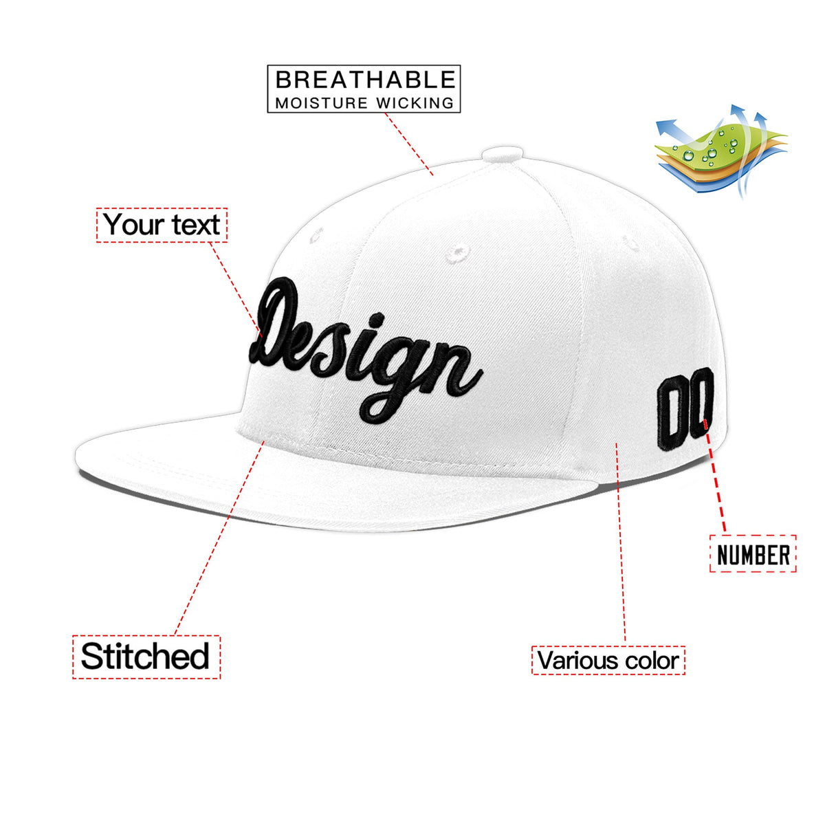 Custom White 3D Puff Embroidery Flat Embroidery Casual Sport Baseball Cap