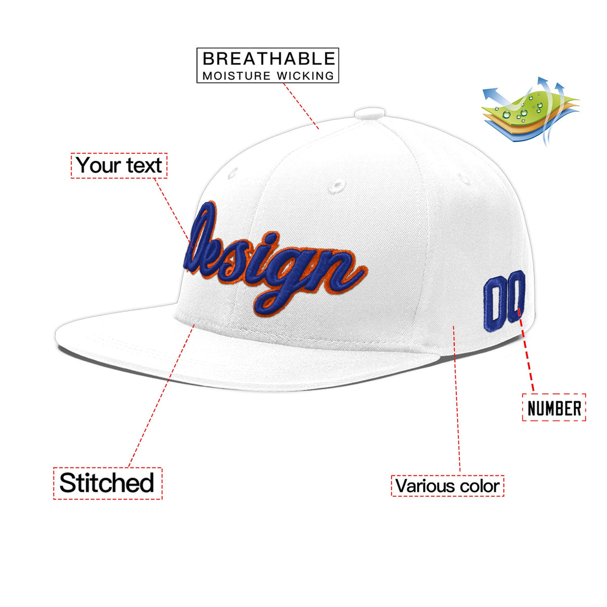 Custom White 3D Puff Embroidery Flat Embroidery Casual Sport Baseball Cap