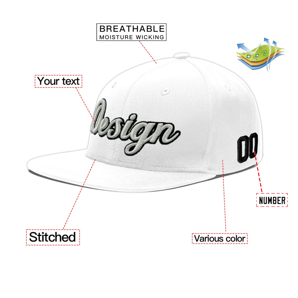 Custom White 3D Puff Embroidery Flat Embroidery Casual Sport Baseball Cap