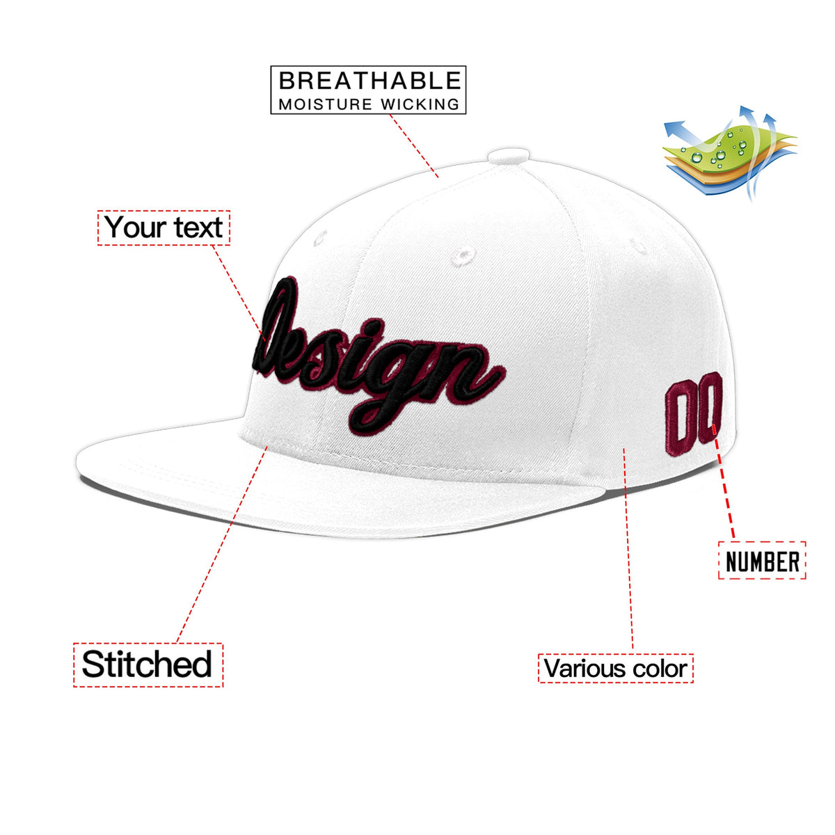 Custom White 3D Puff Embroidery Flat Embroidery Casual Sport Baseball Cap