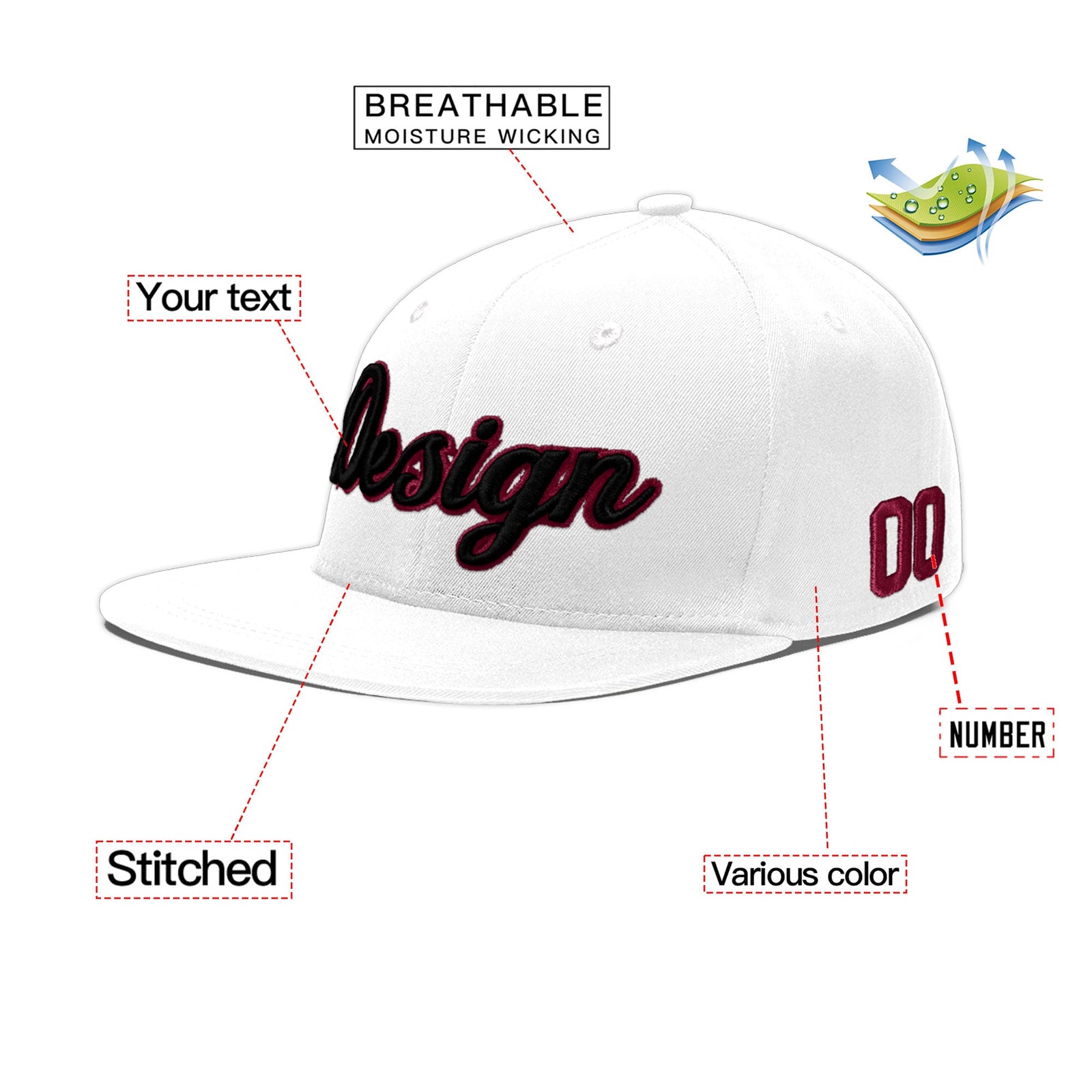 Custom White 3D Puff Embroidery Flat Embroidery Casual Sport Baseball Cap