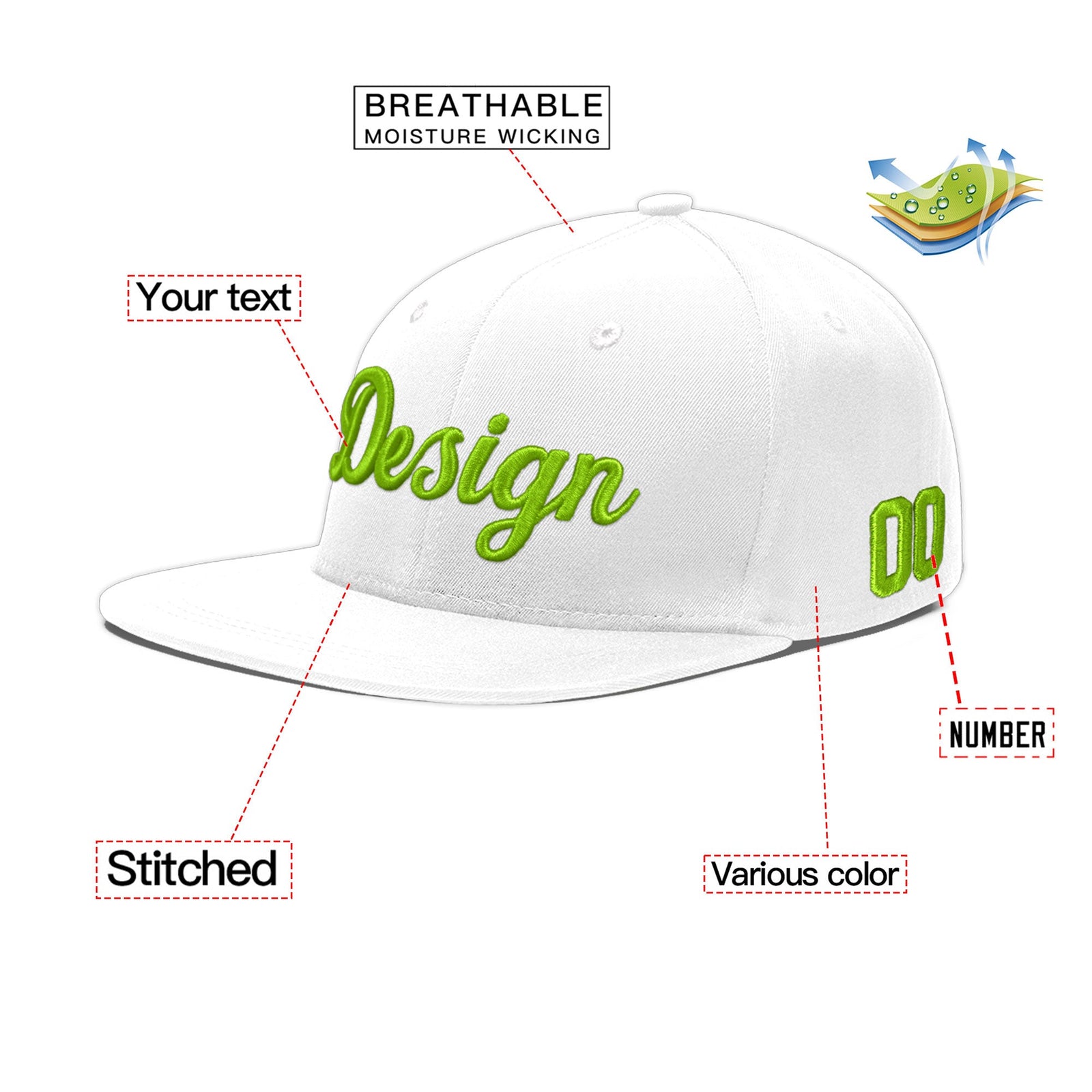 Custom White 3D Puff Embroidery Flat Embroidery Casual Sport Baseball Cap