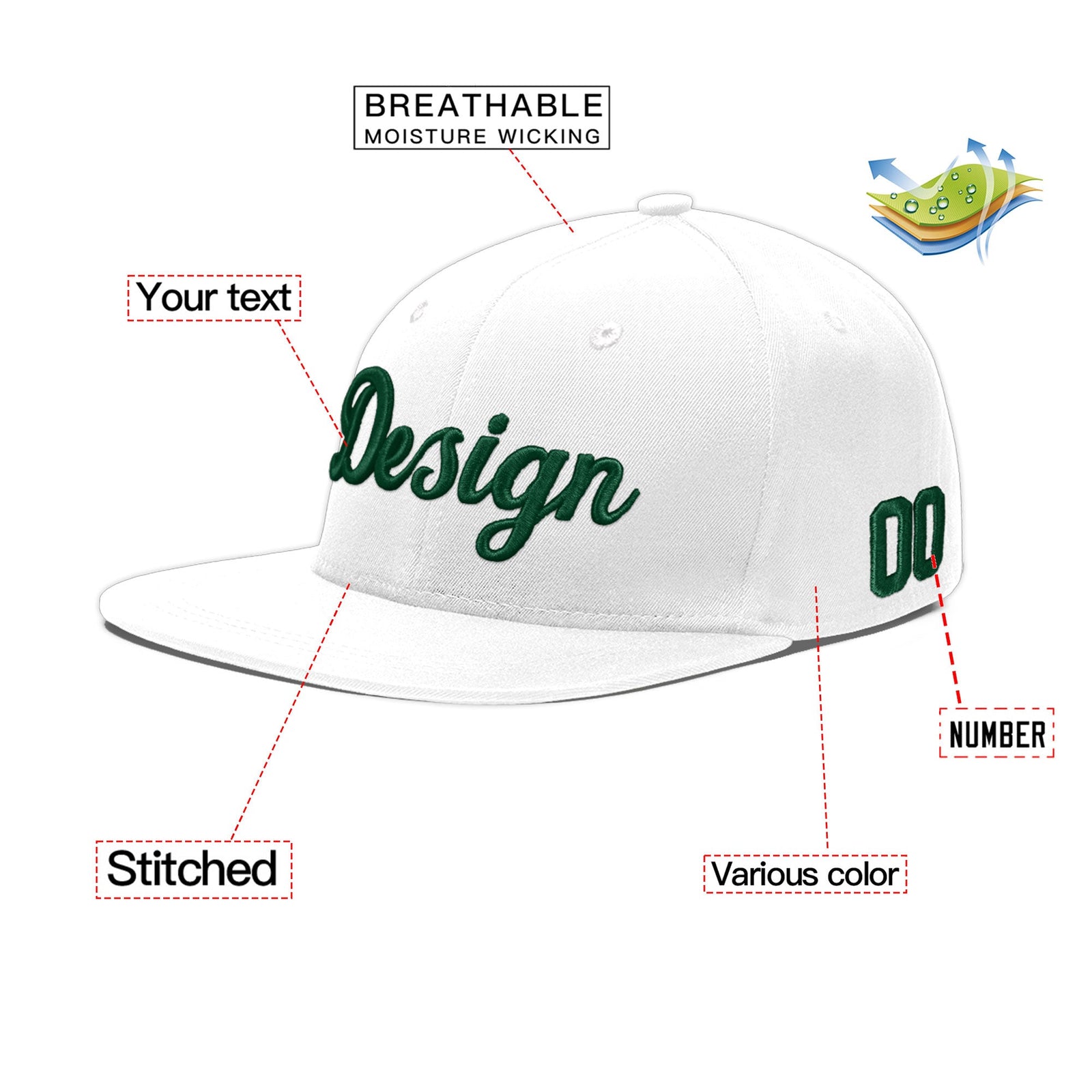 Custom White 3D Puff Embroidery Flat Embroidery Casual Sport Baseball Cap