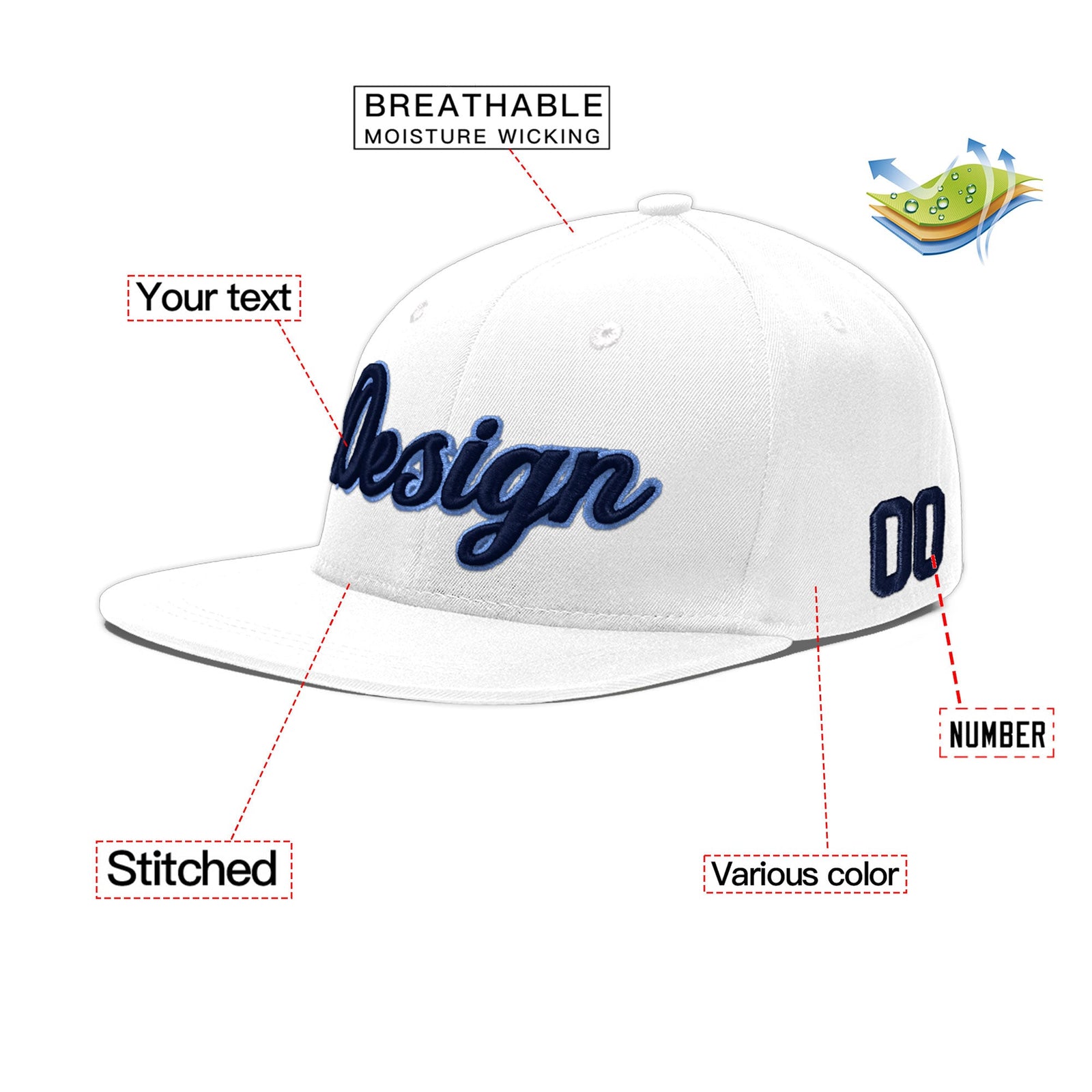 Custom White 3D Puff Embroidery Flat Embroidery Casual Sport Baseball Cap