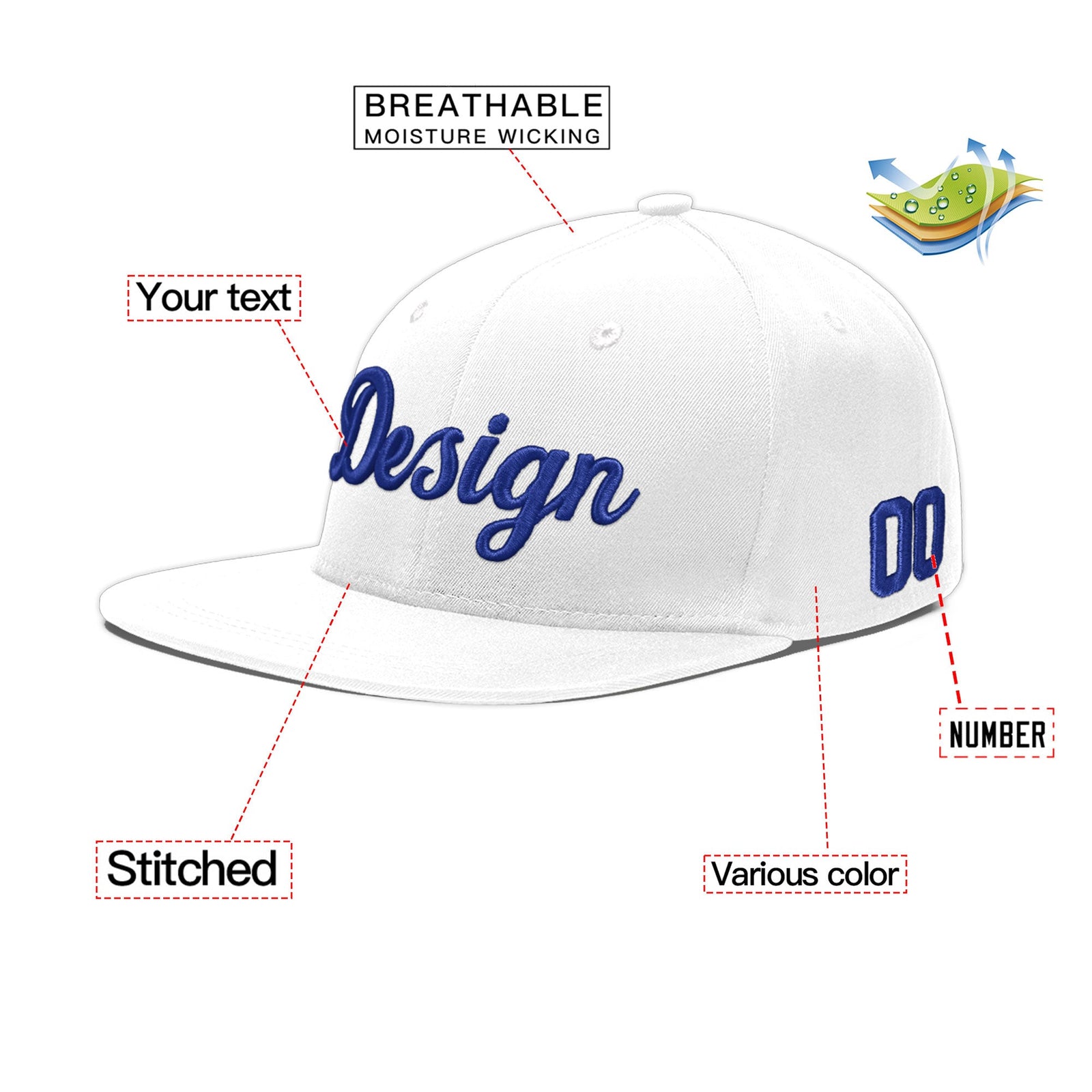 Custom White 3D Puff Embroidery Flat Embroidery Casual Sport Baseball Cap