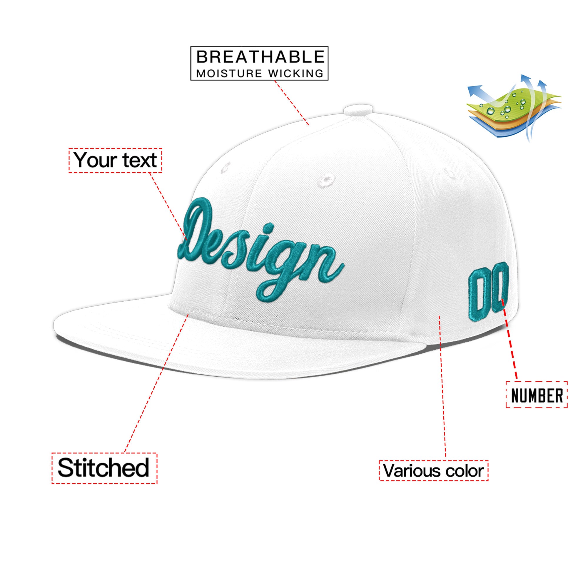 Custom White 3D Puff Embroidery Flat Embroidery Casual Sport Baseball Cap