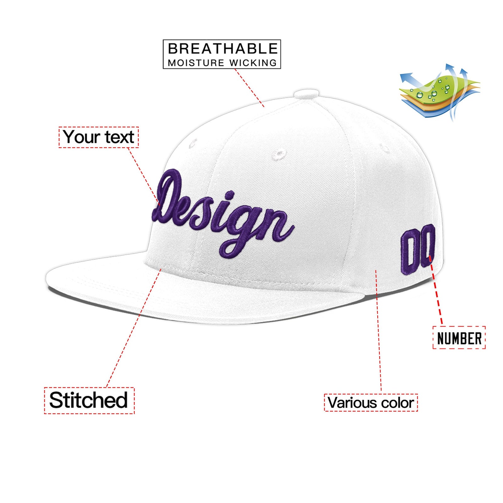 Custom White 3D Puff Embroidery Flat Embroidery Casual Sport Baseball Cap