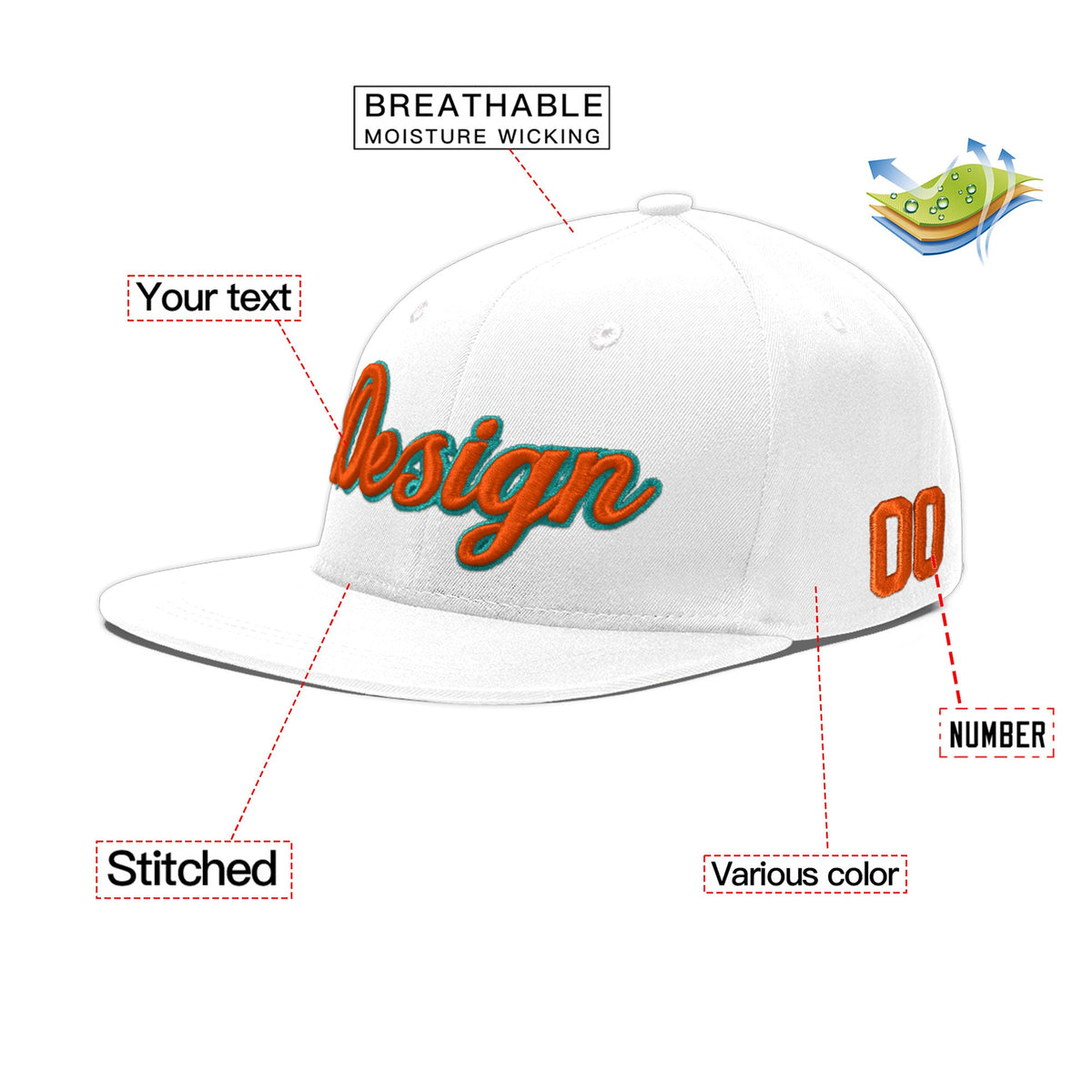 Custom White 3D Puff Embroidery Flat Embroidery Casual Sport Baseball Cap