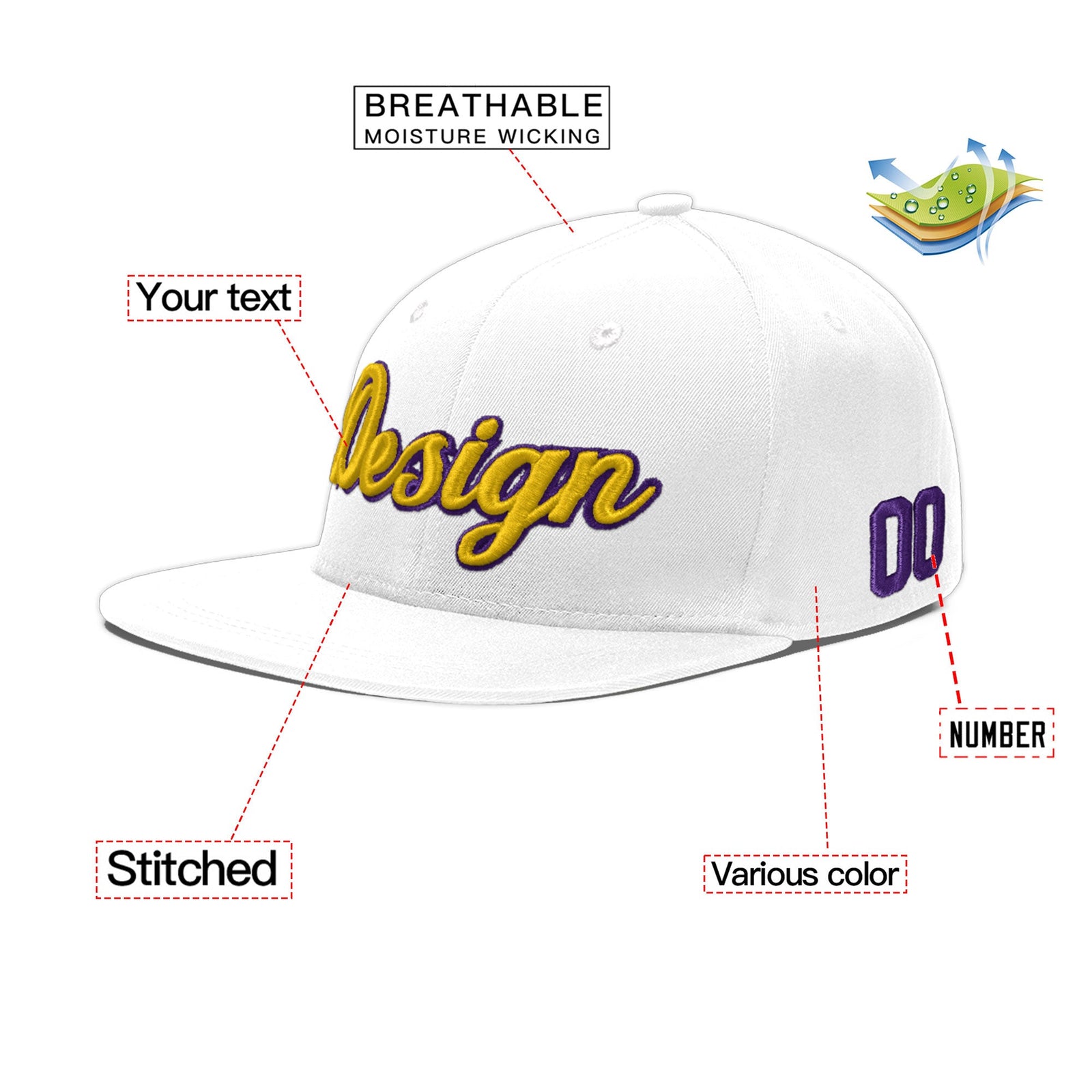 Custom White 3D Puff Embroidery Flat Embroidery Casual Sport Baseball Cap