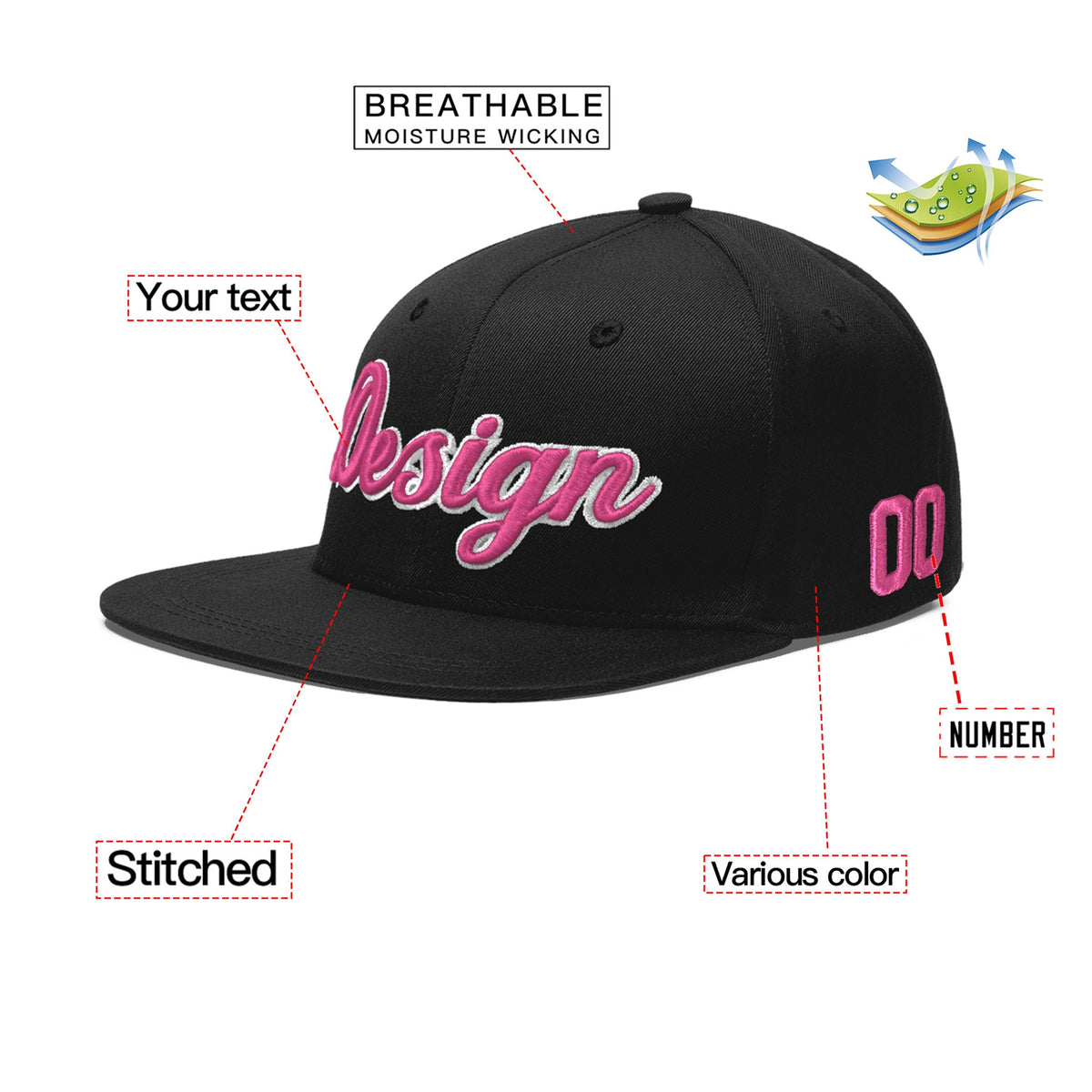 Custom Black 3D Puff Embroidery Flat Embroidery Casual Sport Baseball Cap