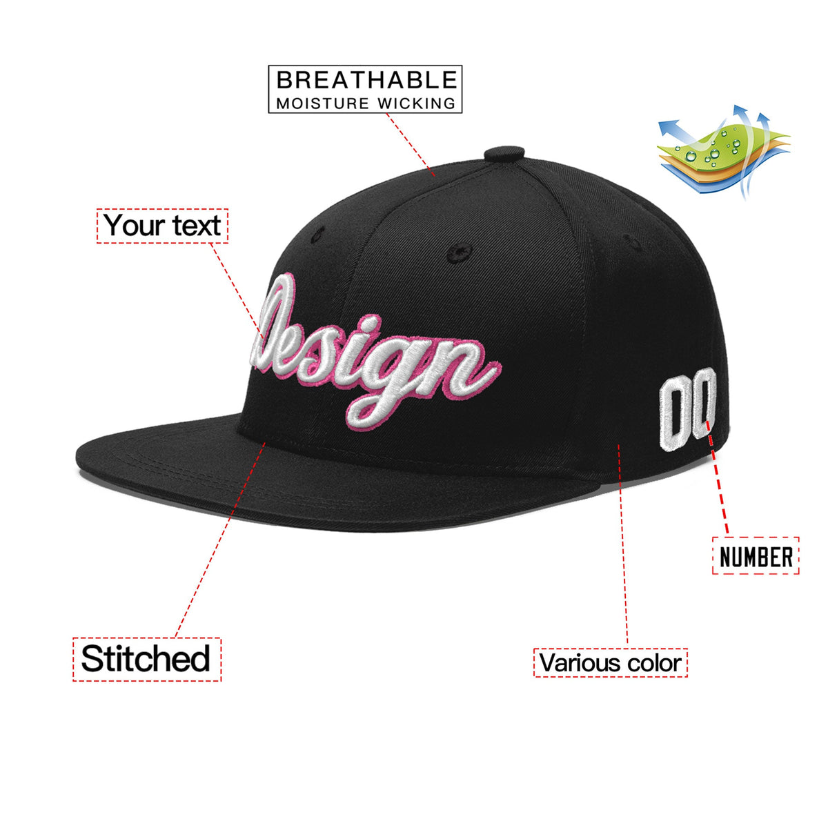 Custom Black 3D Puff Embroidery Flat Embroidery Casual Sport Baseball Cap
