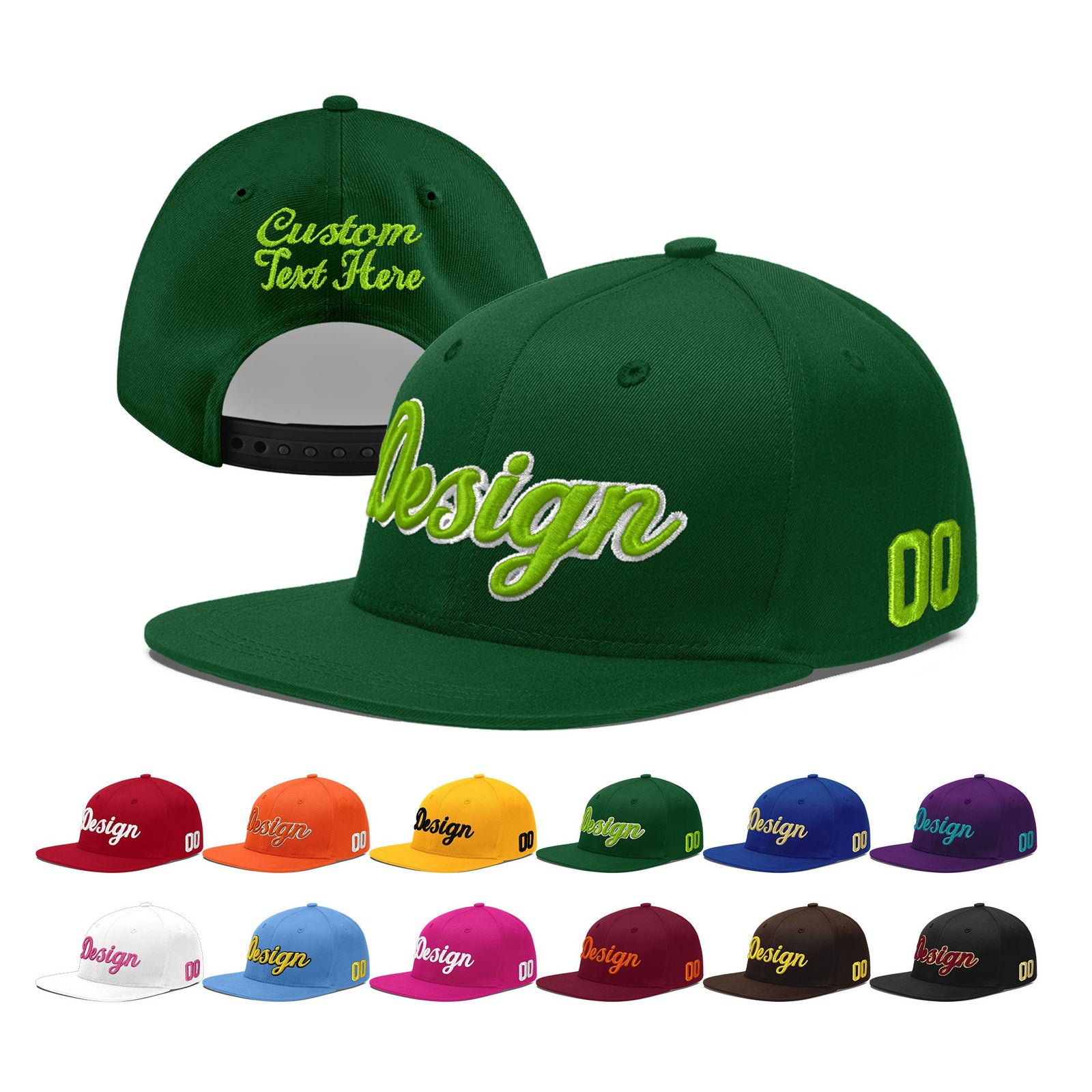 Custom Green 3D Puff Embroidery Flat Embroidery Casual Sport Baseball Cap