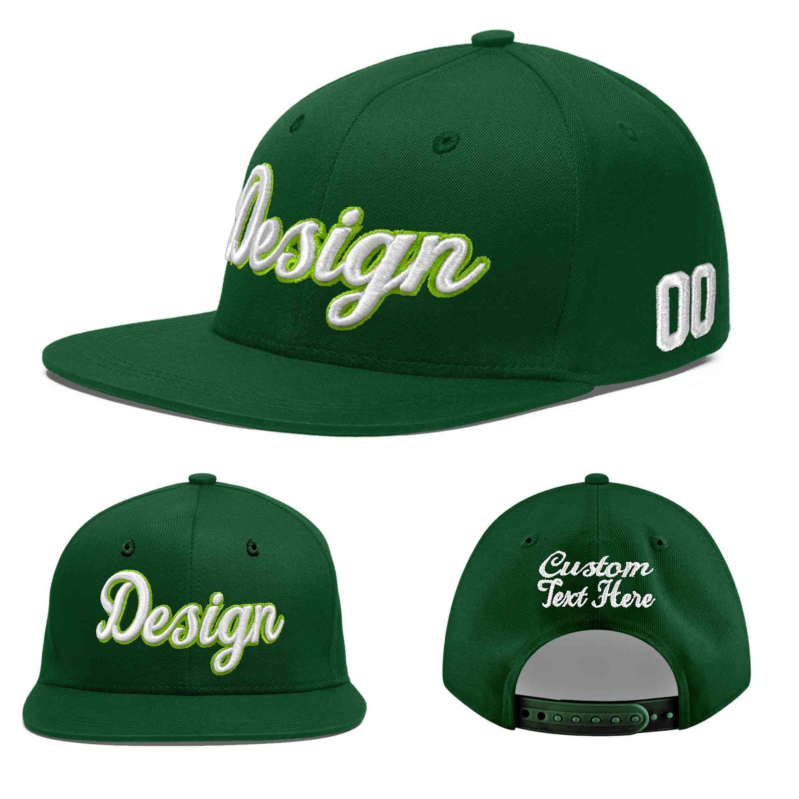 Custom Green 3D Puff Embroidery Flat Embroidery Casual Sport Baseball Cap