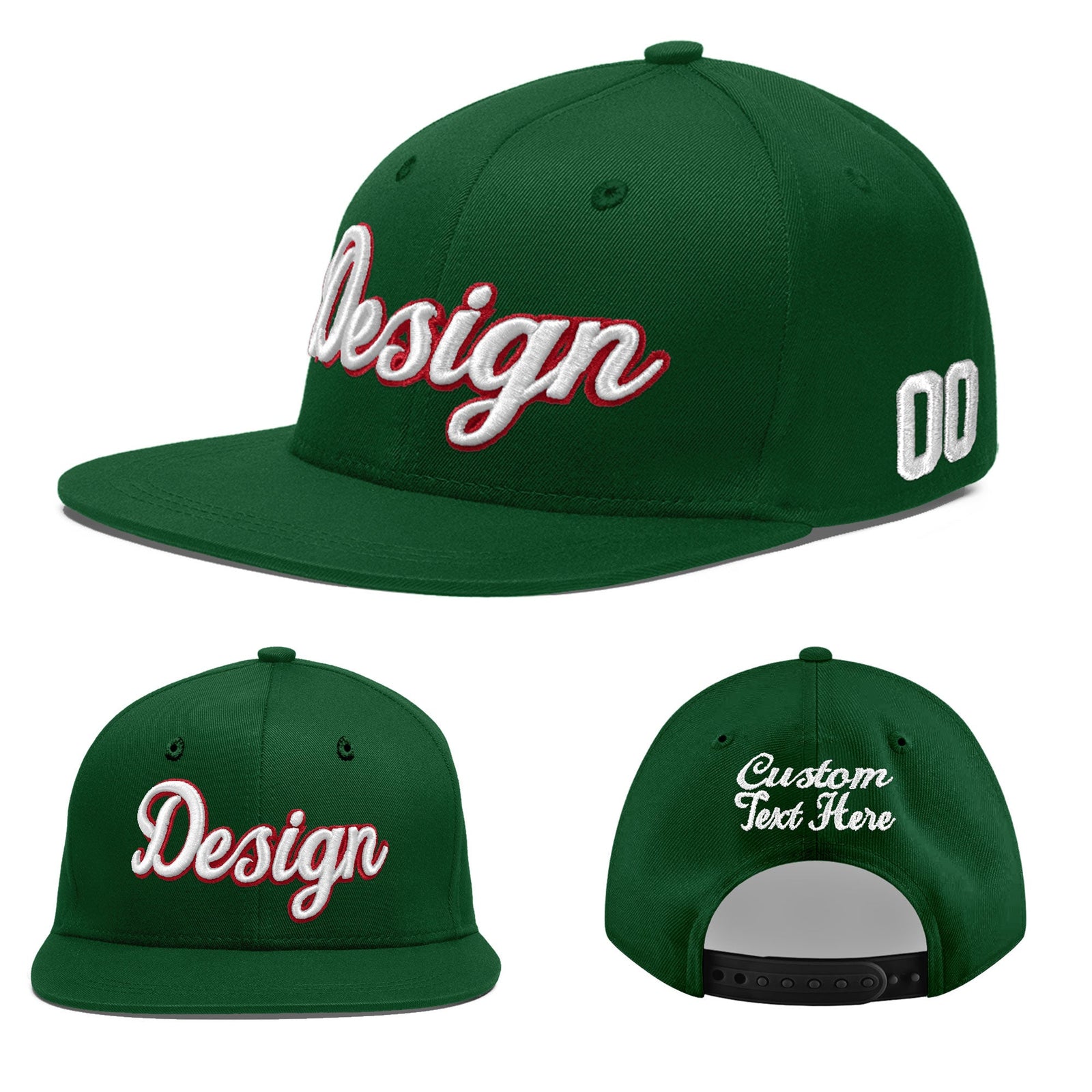 Custom Green 3D Puff Embroidery Flat Embroidery Casual Sport Baseball Cap