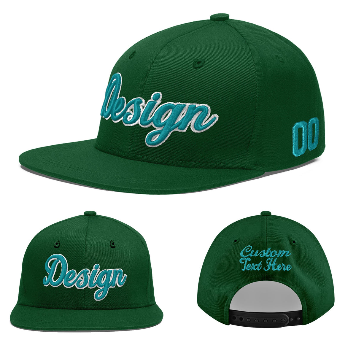 Custom Green 3D Puff Embroidery Flat Embroidery Casual Sport Baseball Cap