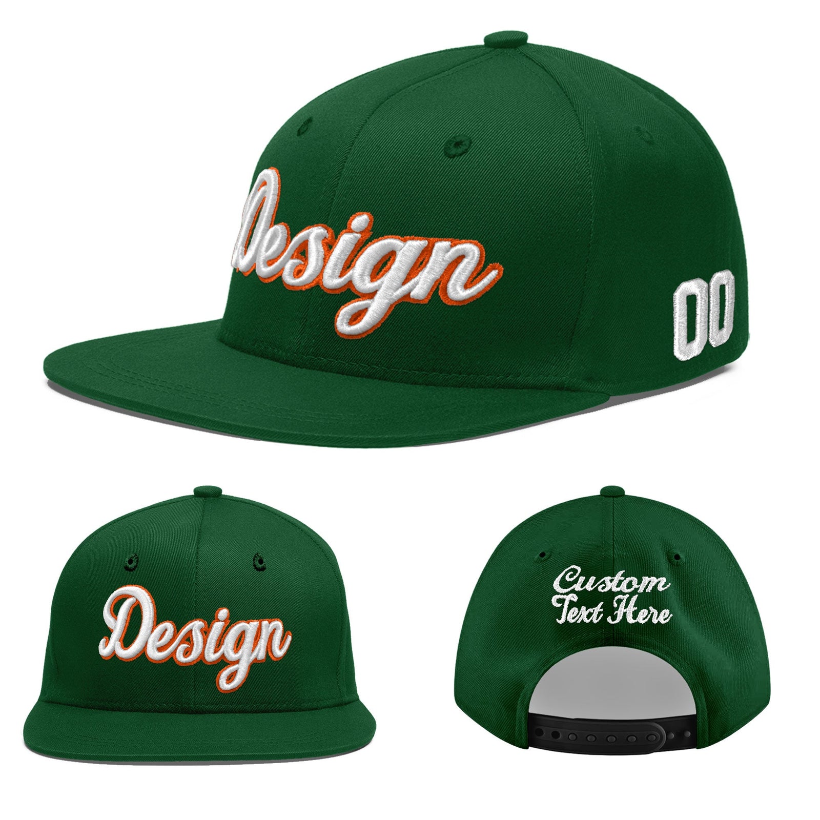 Custom Green 3D Puff Embroidery Flat Embroidery Casual Sport Baseball Cap