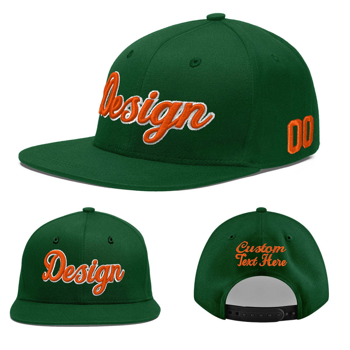 Custom Green 3D Puff Embroidery Flat Embroidery Casual Sport Baseball Cap