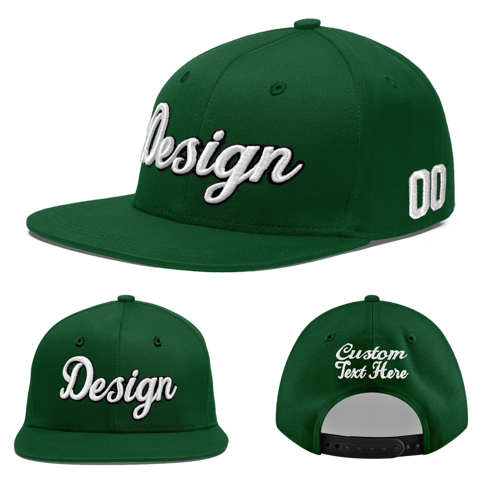 Custom Green 3D Puff Embroidery Flat Embroidery Casual Sport Baseball Cap