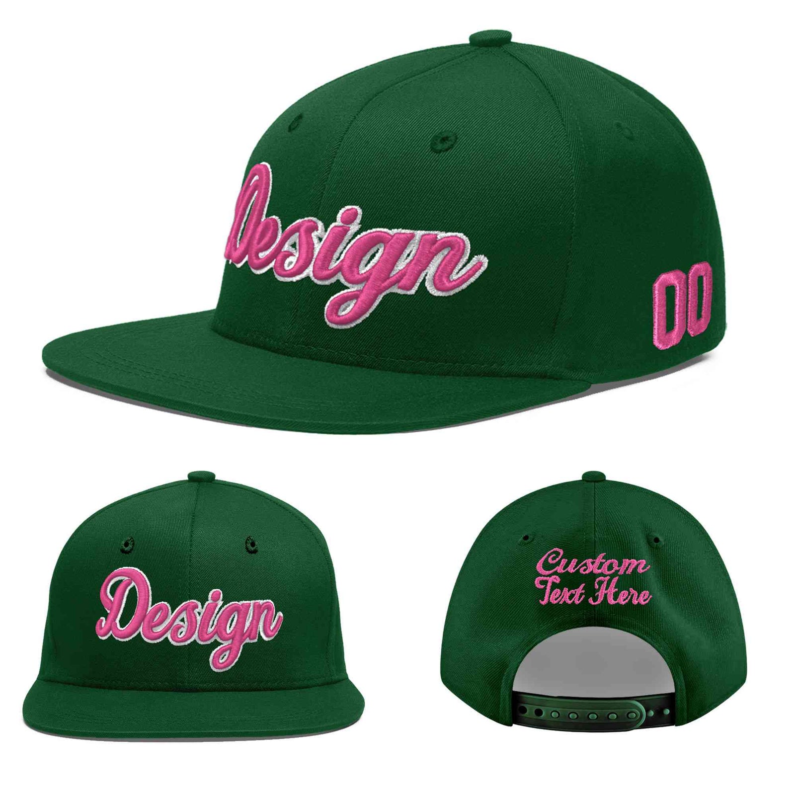 Custom Green 3D Puff Embroidery Flat Embroidery Casual Sport Baseball Cap