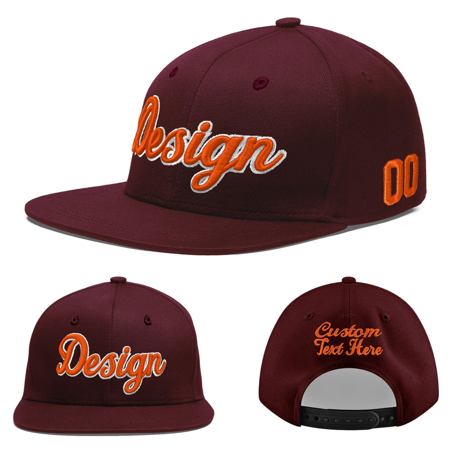 Custom Burgundy 3D Puff Embroidery Flat Embroidery Casual Sport Baseball Cap