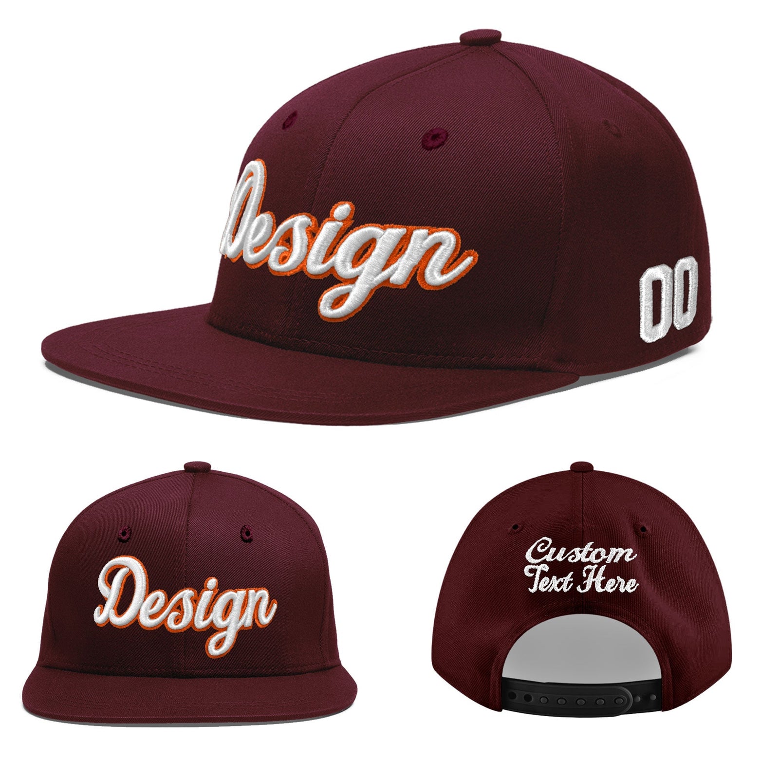 Custom Burgundy 3D Puff Embroidery Flat Embroidery Casual Sport Baseball Cap