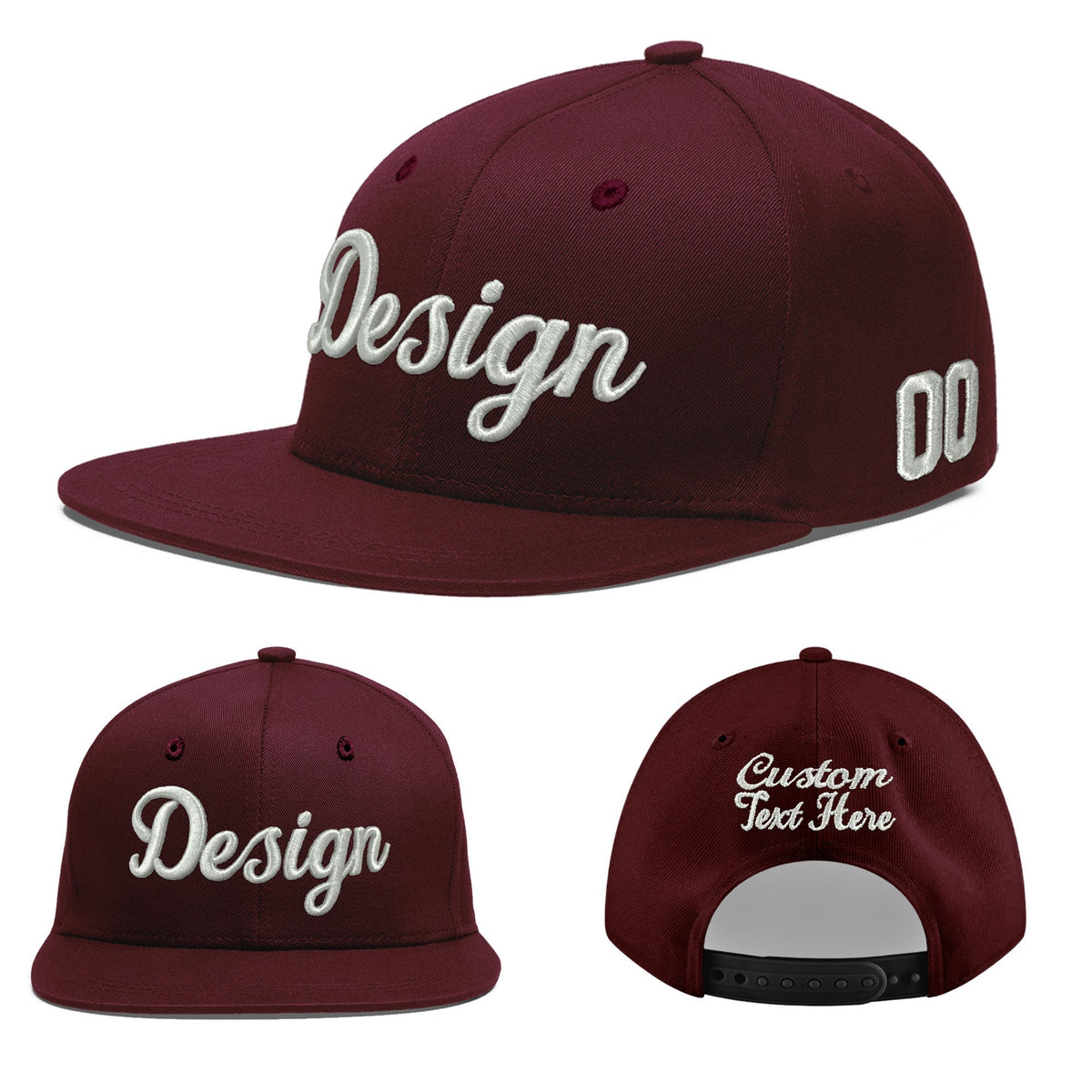 Custom Burgundy 3D Puff Embroidery Flat Embroidery Casual Sport Baseball Cap