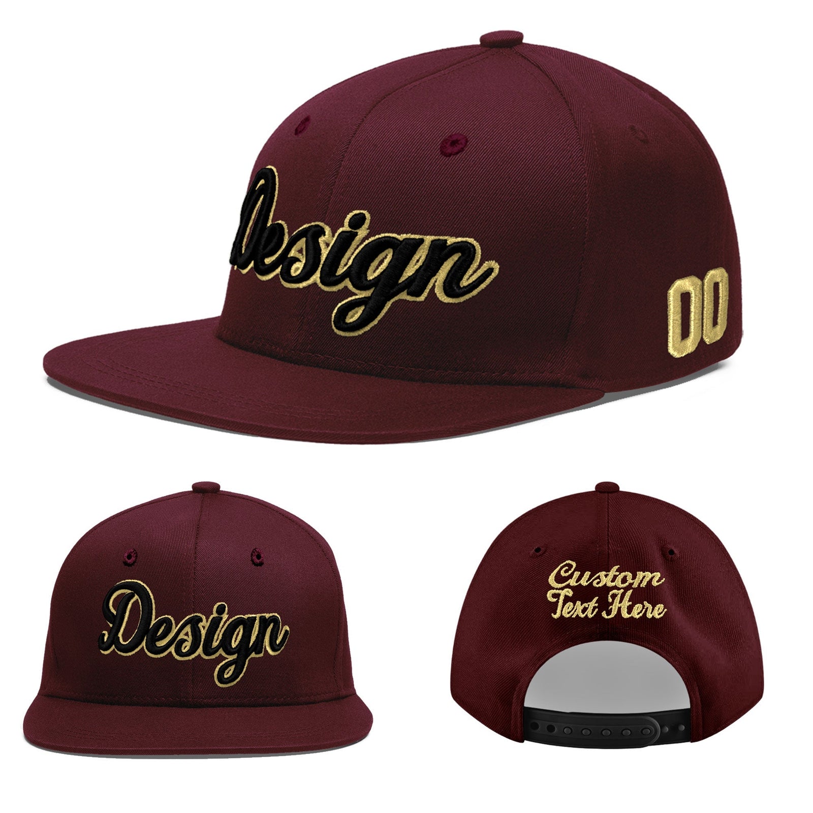 Custom Burgundy 3D Puff Embroidery Flat Embroidery Casual Sport Baseball Cap