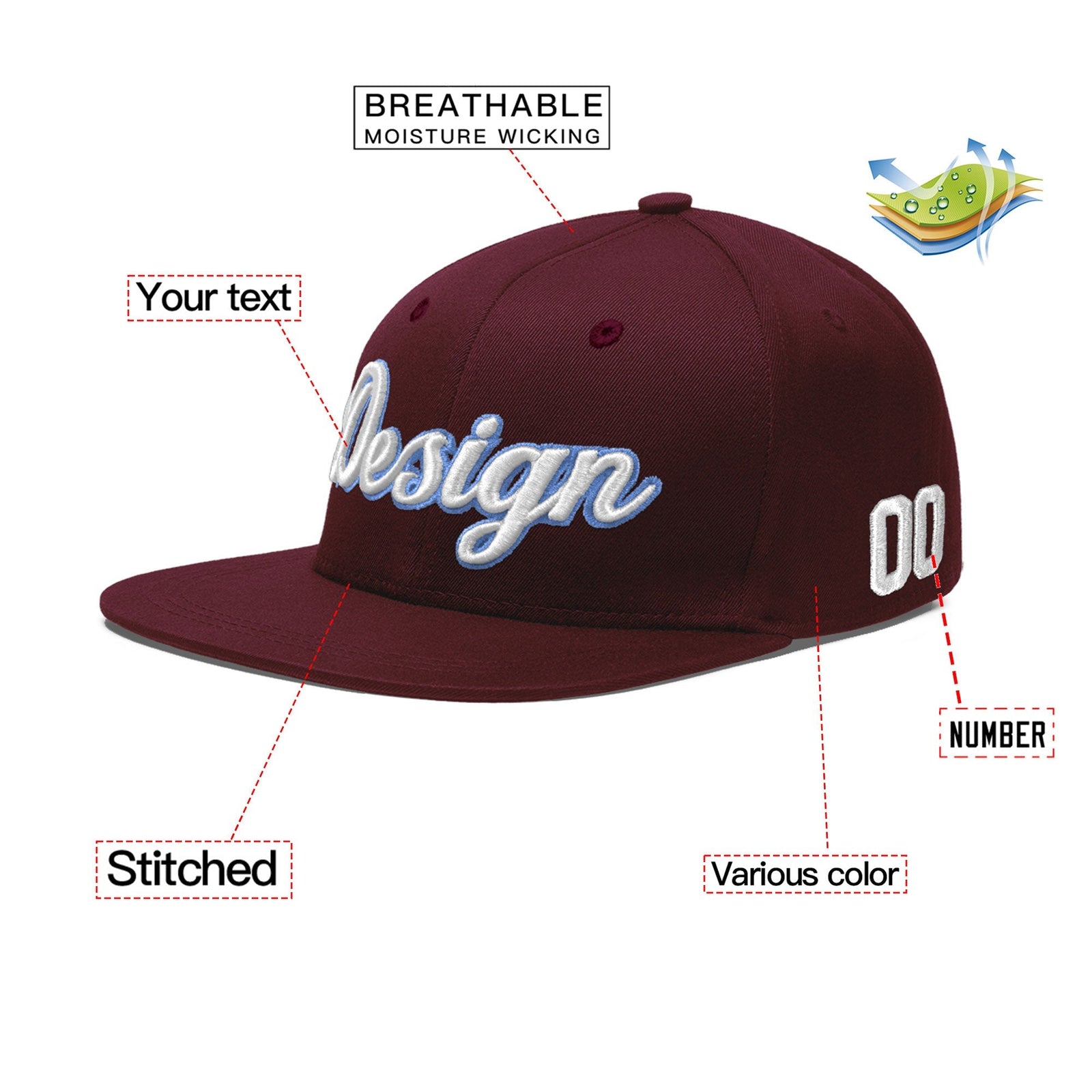 Custom Burgundy 3D Puff Embroidery Flat Embroidery Casual Sport Baseball Cap